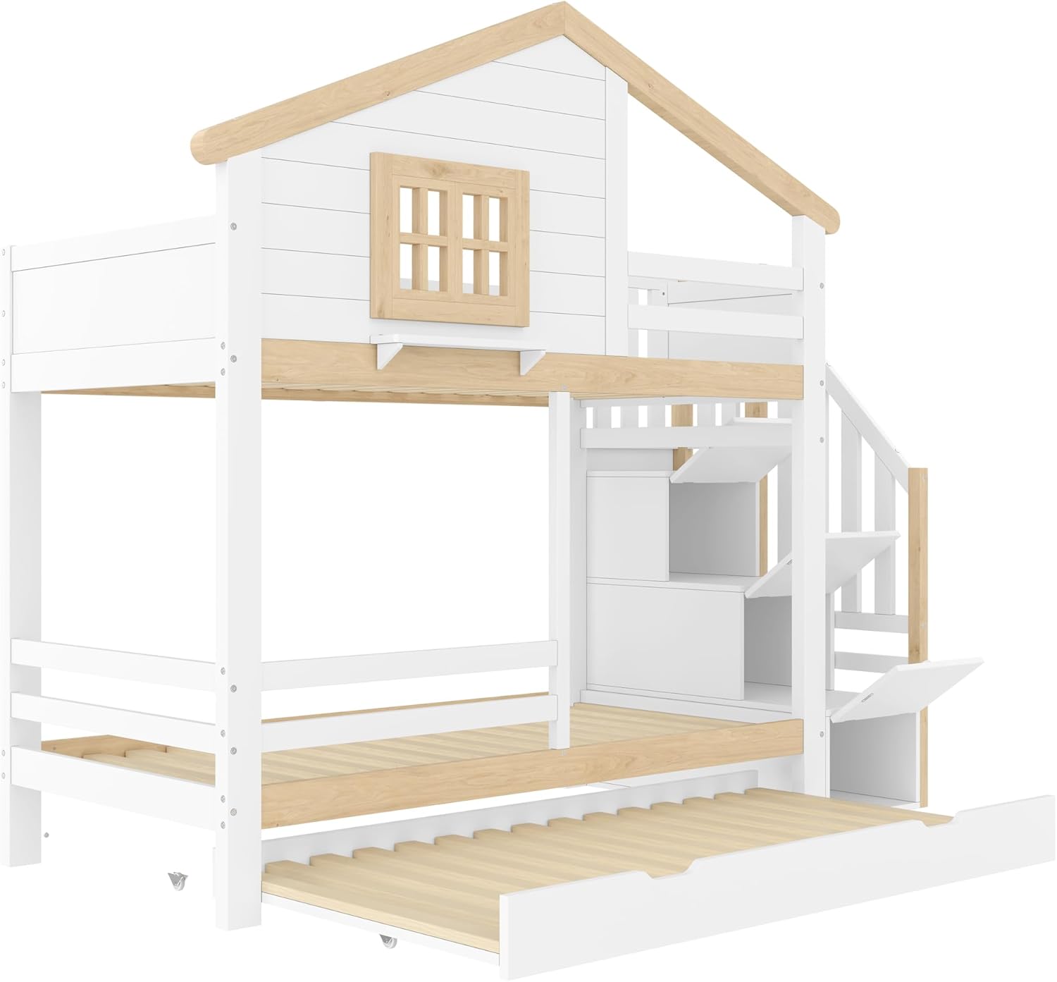 Kinderbett 90x200,Etagenbett für 2 Kinder,Hausbett Hochbett mit Ausziehbett&Treppe&Fenstern&Dach,Holzbett Stauraumbett Stockbett Jugendhochbett mit Rausfallschutz&Lattenrost,Ohne Matratze,Weiß+Natur