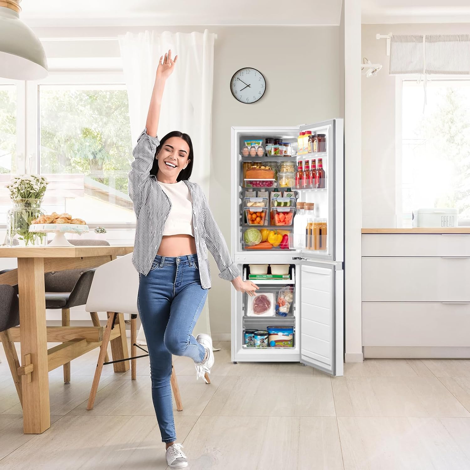Comfee RCB169DK2(E) Fridge/Freezer Combination, 150 cm Height, Low Frost, Adjustable Fridge Temperature, LED Light, 195 kWh per Year, Fridge Capacity 115 L, 59 L Freezer, Black