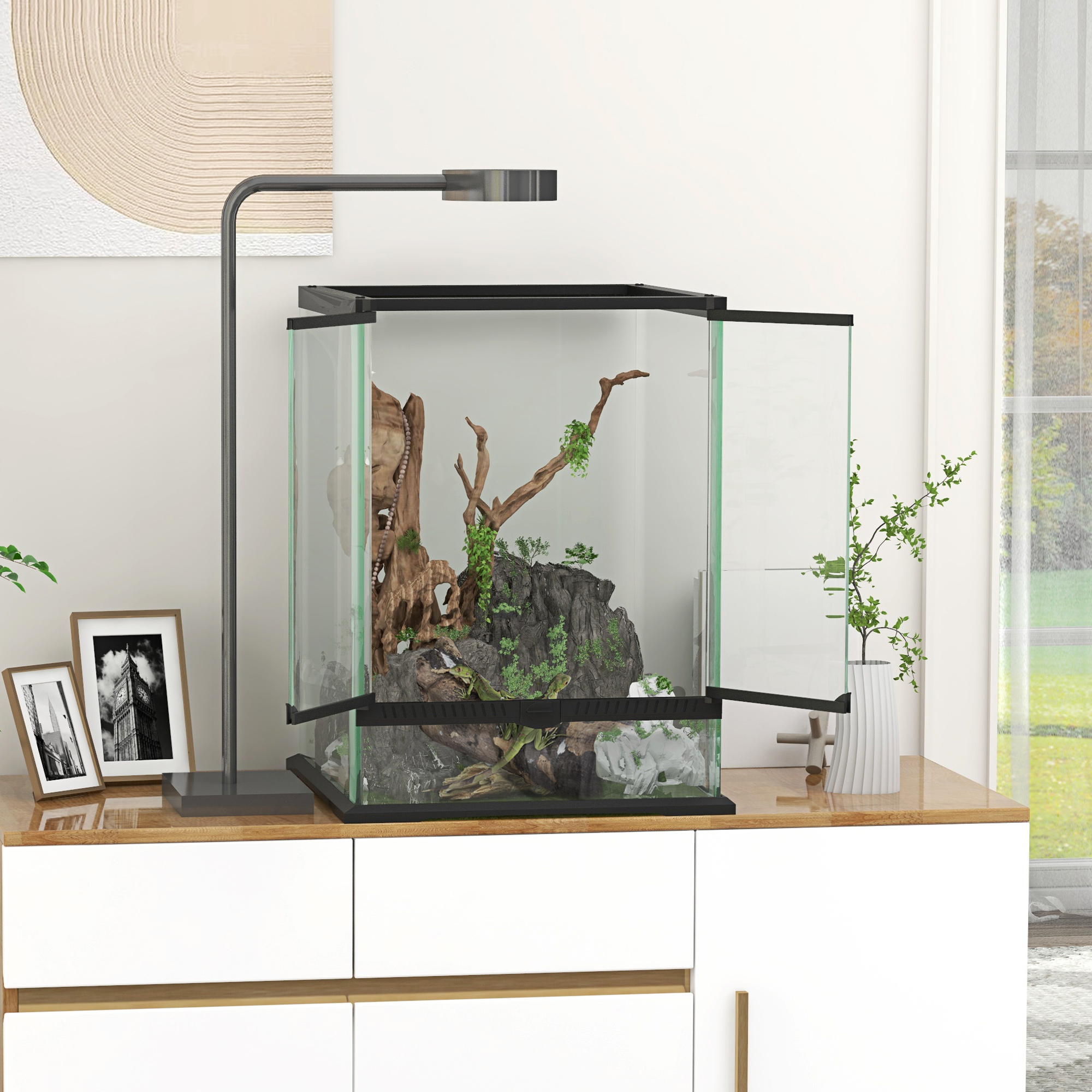 Afsluitbaar Terrarium, Glazen Behuizing, Kabelbeheer, 45x45x60cm, Zwart