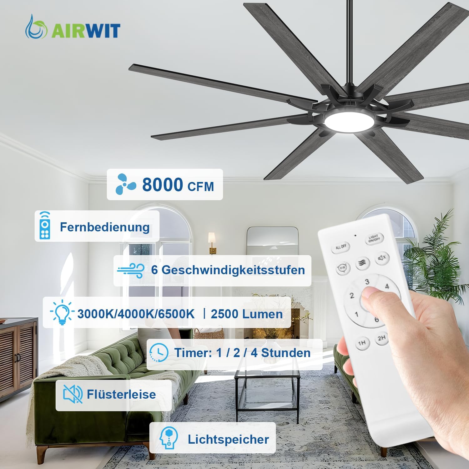 Airwit 183cm Deckenventilator mit Beleuchtung Extra Groß, Verbundholz Outdoor Leise Deckenventilator mit Licht und Fernbedienung, Lampe mit Ventilator für Terrasse, Industrial, Großes Zimmer