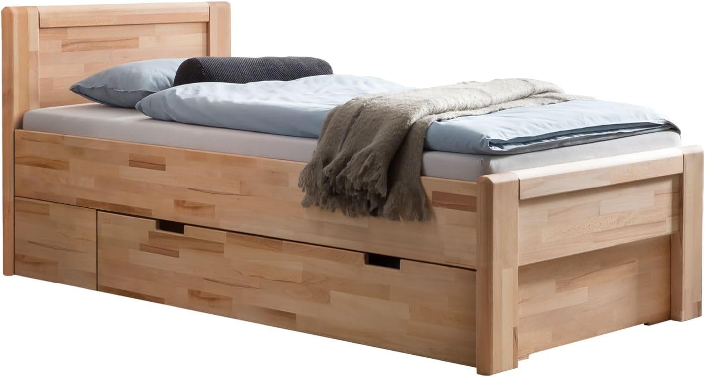 Ewen Seniorenbett Massivholz 90x200 cm mit Schubkasten Komforthöhe aus geölter Kernbuche, Natur, mit Auflageleisten, 48 cm Einstiegshöhe, Belastbarkeit: 160 kg, Bettgestell