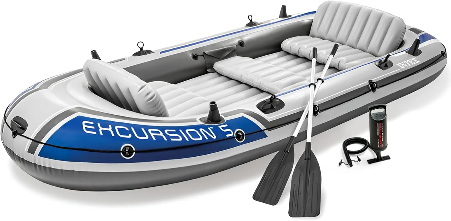 INTEX Excursion Inflatable Boat Series: Includes Deluxe 54in Boat Oars and High-Output Pump ?C SuperTough PVC ?C Adjustable Seats with Backrest ?C Fishing Rod Holders ?C Welded Oar Locks