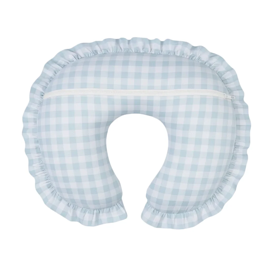 Light Blue Checkered Ruffle Nursing Pillow Cover