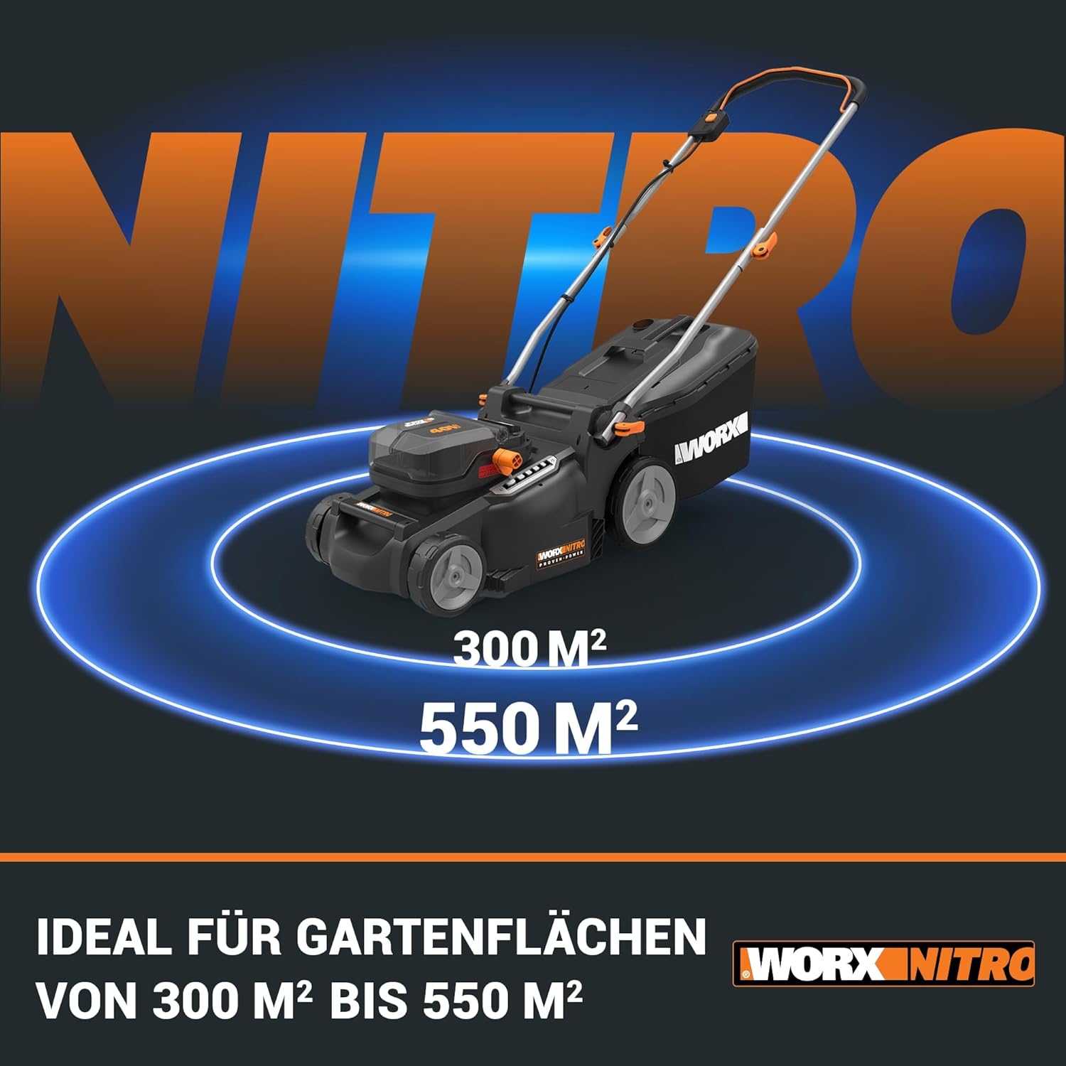 WORX WG737E Nitro Akku-Rasenmäher 40V(2x20V) - leistungsstarke bürstenloser Motor - 37cm Schnittbreite - 6 Schnitthöhenstufe (20-70mm) - 40L Grasfangsack - inkl. 2x4Ah Akkus & Dual-Ladengerät