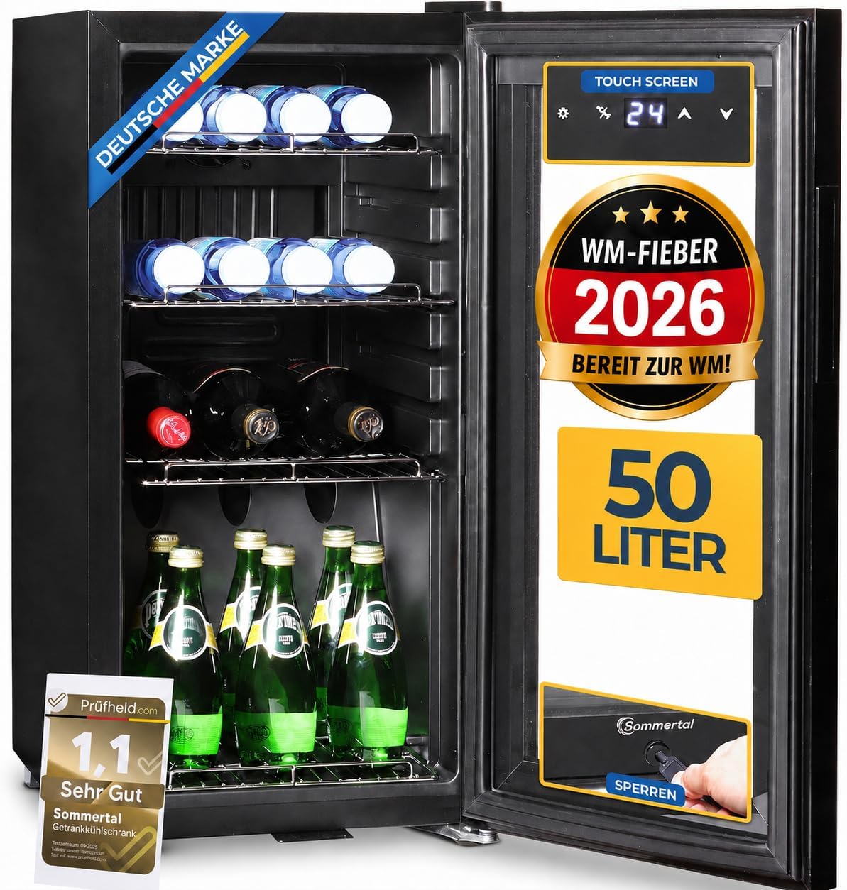 Sommertal Getränkekühlschrank 50L – Mini Kühlschrank schwarz mit Glastür, Touchscreen & LED | Kleiner Flaschenkühlschrank abschließbar & leise für Büro, Zuhause, Bar, Kellerbar & Minibar
