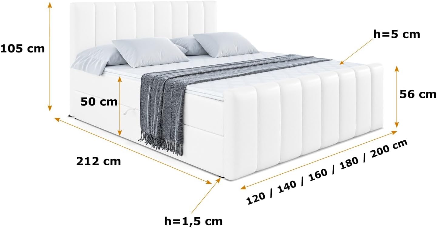 ALTDECOR Boxspringbett mit Matratze und Lattenrost, Boxbett, Topper, Fußteil, Polsterbett mit Bettkasten, Bett mit Stauraum H4-Matratze, Doppelbett, Springboxbett - OTTA-Z - 180x200 - Weiß Kunstleder