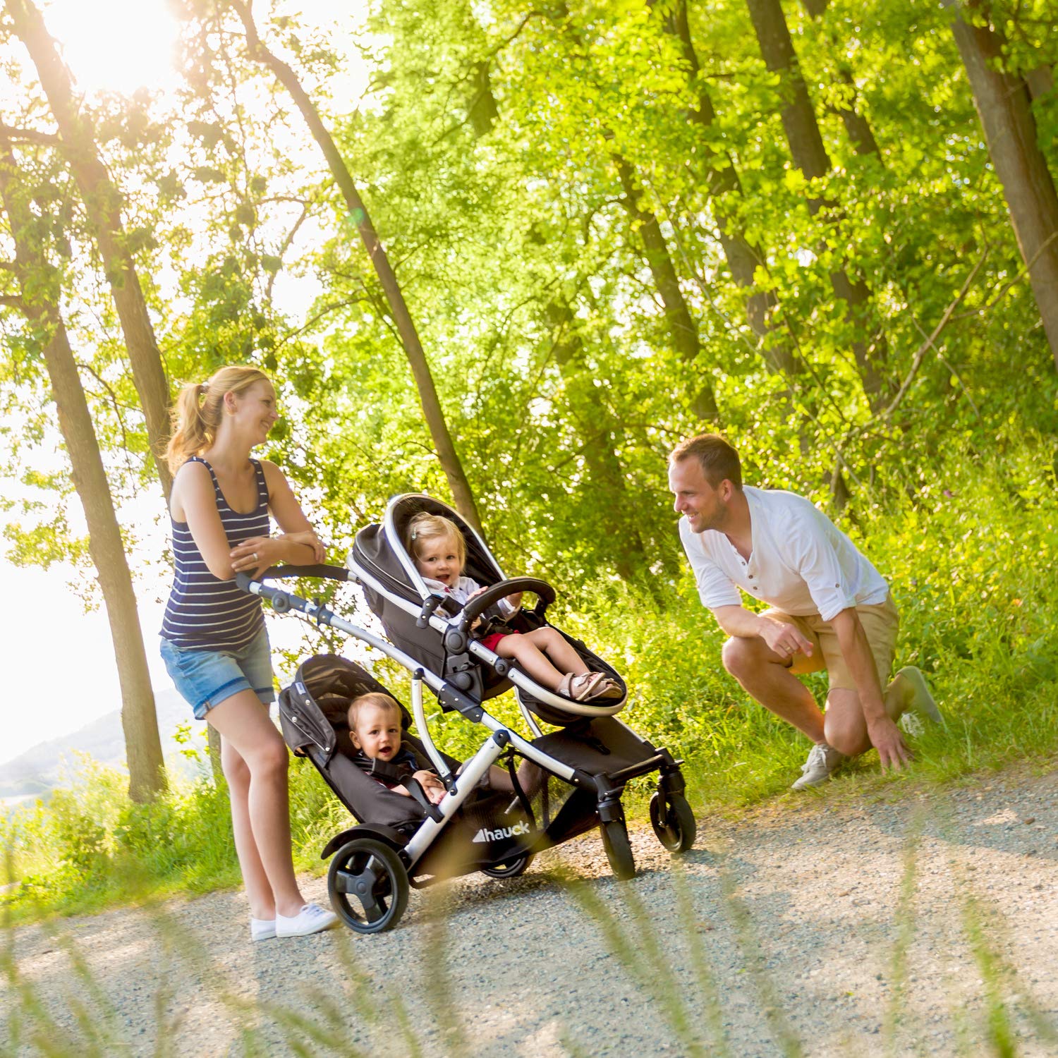 hauck Duett 2 Geschwisterwagen incl. regenhoes voor kinderen tot 15 kg per kind, hoofdstoel om te bouwen tot reiswieg vanaf de geboorte met ligpositie, tweede stoel afneembaar, in hoogte verstelbaar (Black Forest)