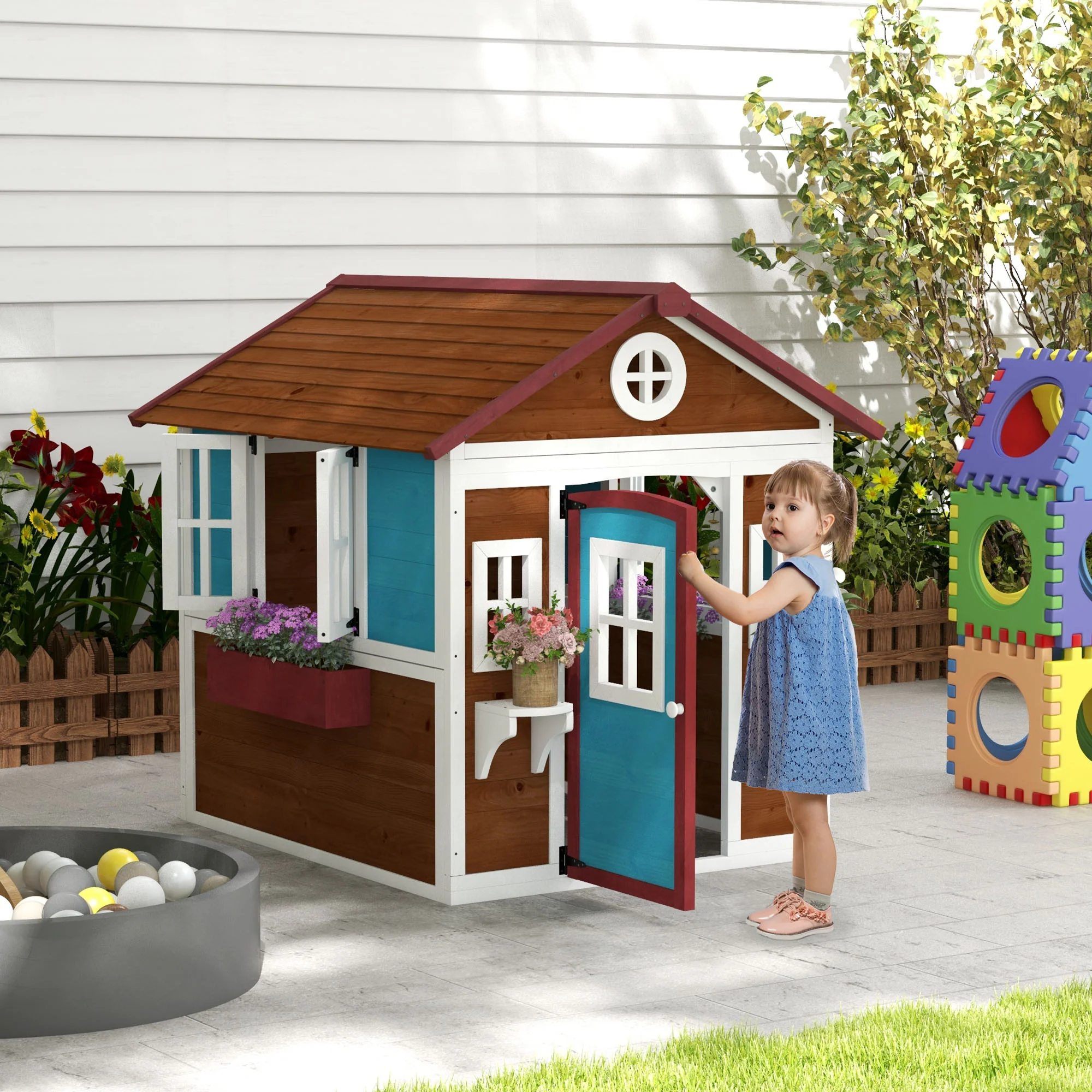 Outsunny Kinderspeelhuis van hout voor buiten, met ramen, bloempotten, ideaal voor kinderen van 3-8 jaar, Blauw