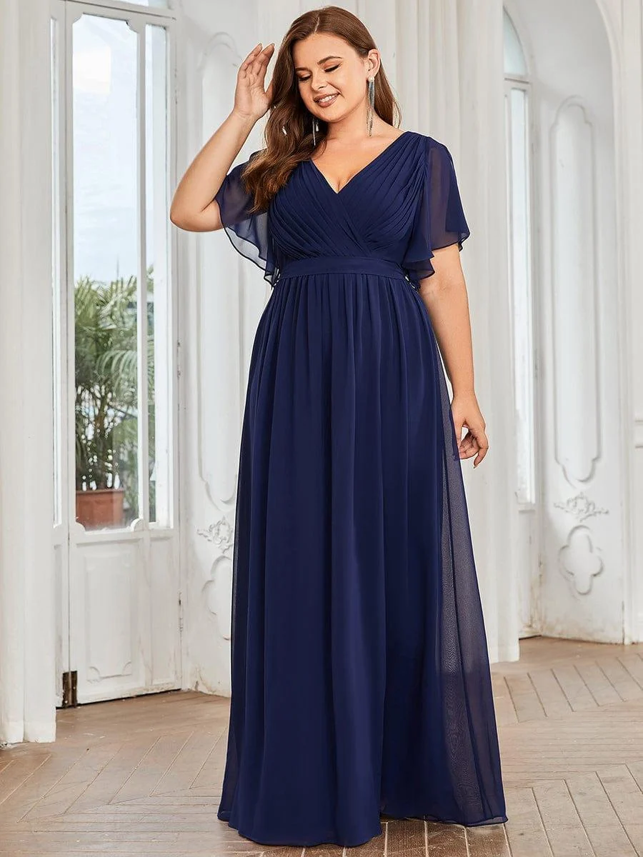 Abendkleid Damen Maxi A-Linie aus Chiffon | Festliches Kleid f��r Hochzeitsg?ste mit V-Ausschnitt und Fl��gel?rmeln