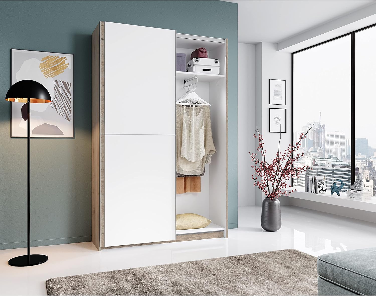 Stella Trading FAST Eleganter Kleiderschrank / Garderobenschrank mit viel Stauraum - Vielseitiger Schwebetürenschrank in San Remo Optik, weiß - 125 x 195 x 38 cm (B/H/T)
