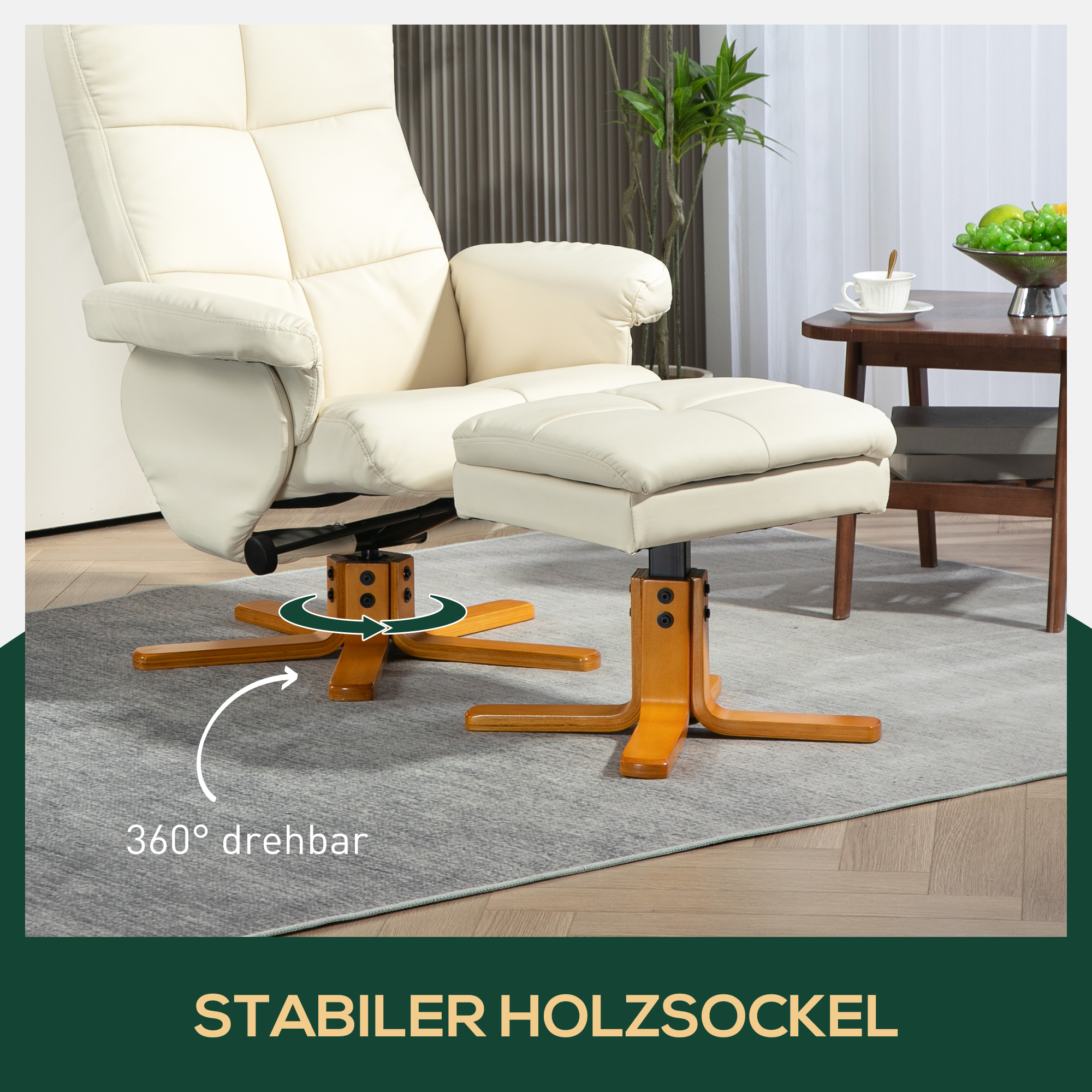 Relaxfauteuil met Hocker, 145�� Kantelbare Rugleuning, 360�� Draaibaar, Kunstleer, Cr��mewit