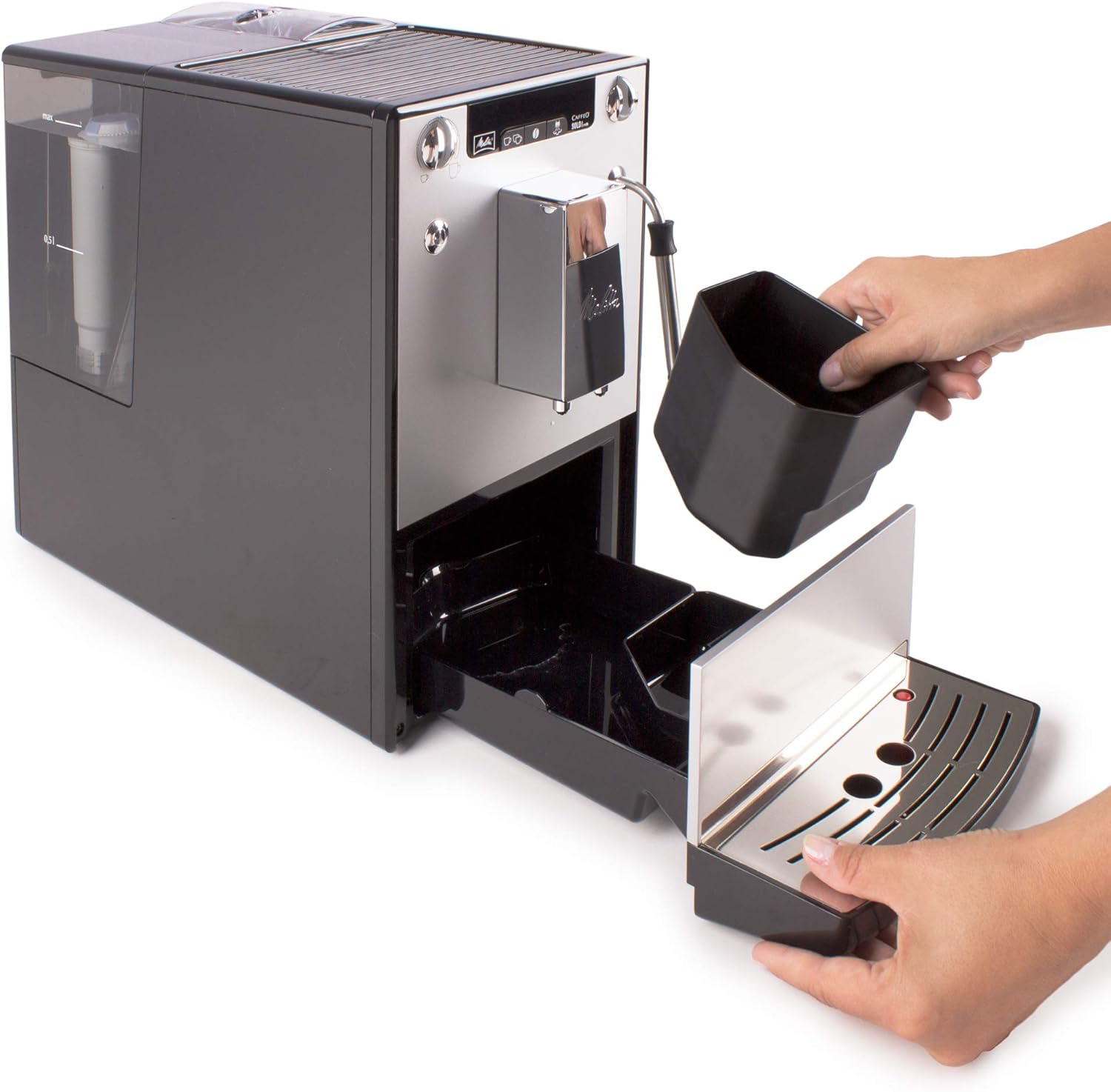 Melitta Solo & Milk - schlanker Kaffeevollautomat mit Milchaufschäumer, Kaffeemaschine mit abnehmbarem Wassertank, für z. B. Kaffee oder Cappuccino, silber