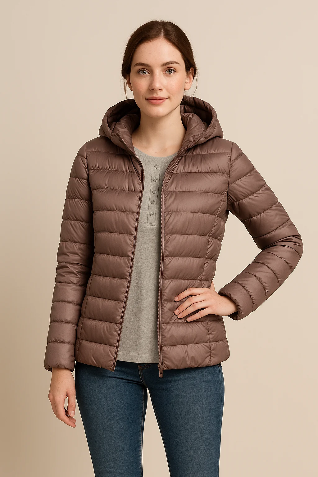 Taillierte, gesteppte Daunenjacke mit Kapuze f��r Damen