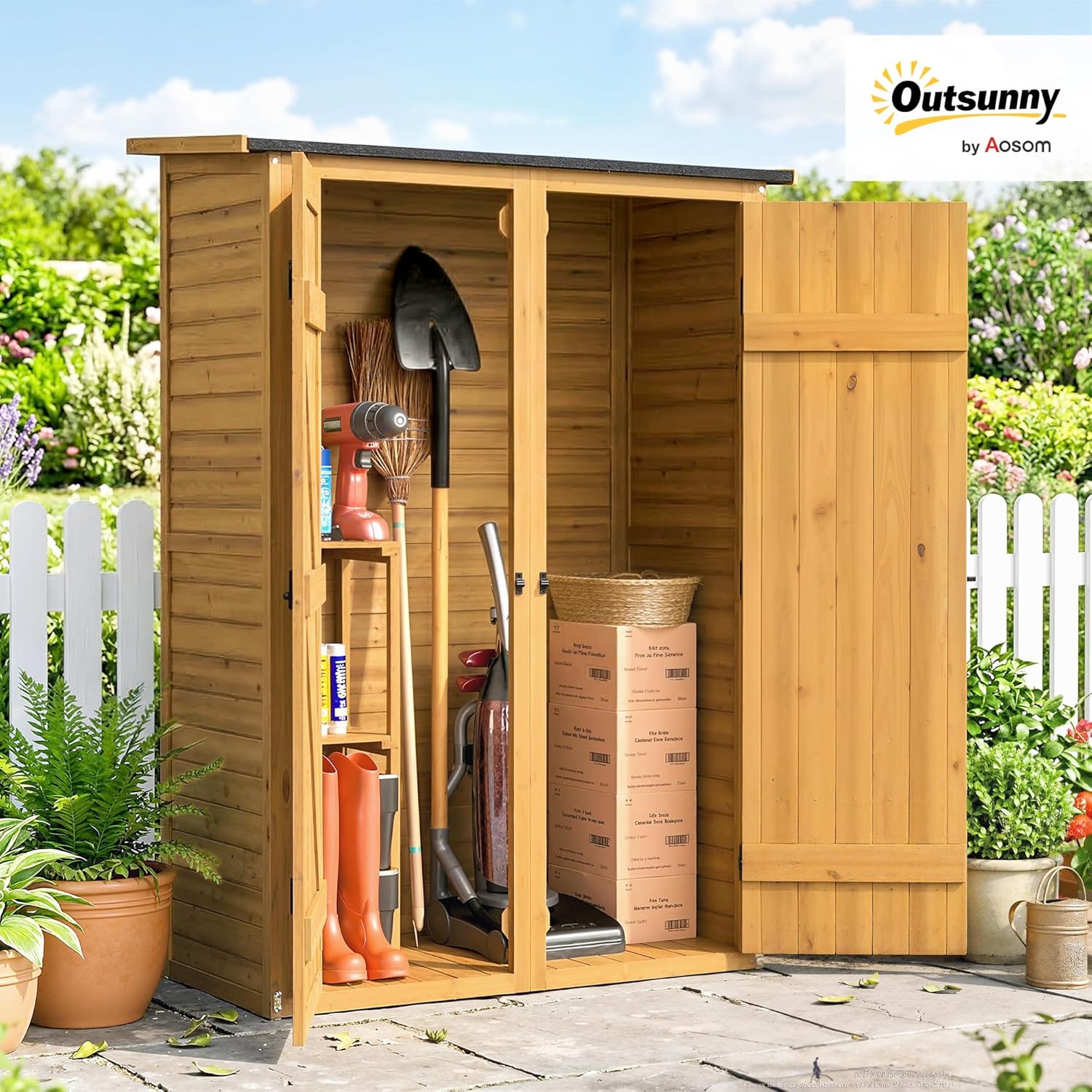 Outsunny Aufbewahrungsschuppen aus Holz, Gartenhaus mit 2 Regalen, Doppeltüren und Riegeln, Werkzeugschrank mit Schrägdach für Terrasse, Garten, Garage, Braun