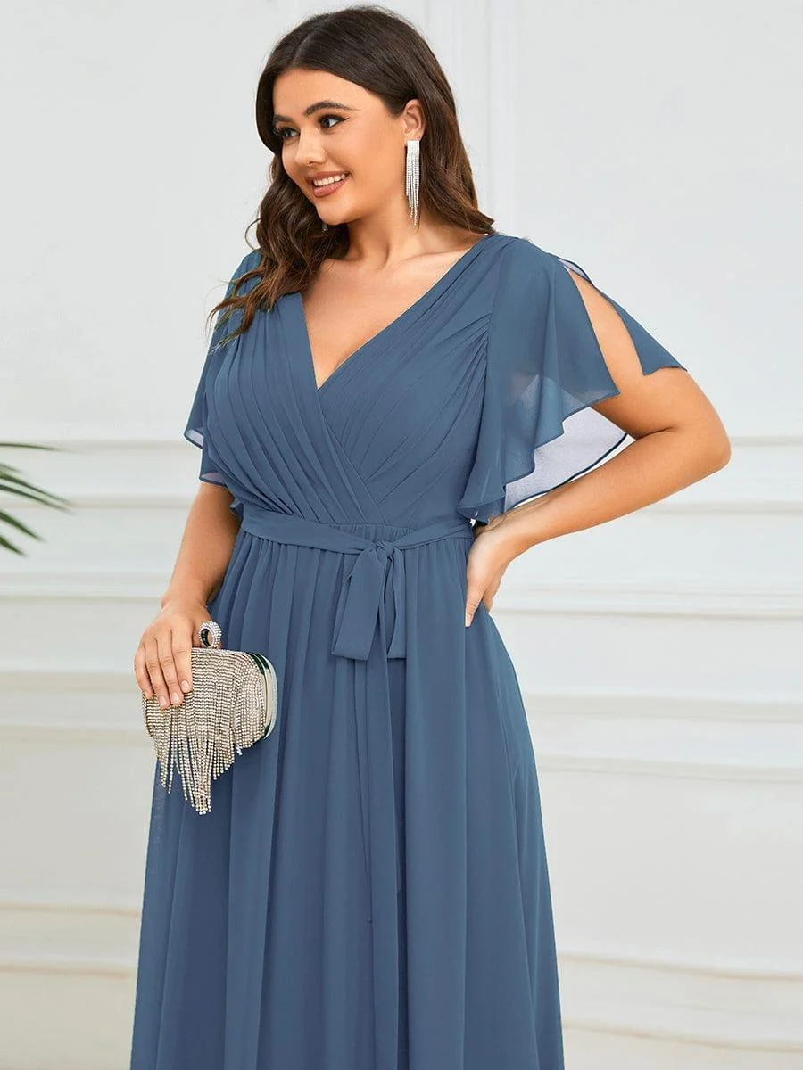 Abendkleid Damen Maxi A-Linie aus Chiffon | Festliches Kleid f��r Hochzeitsg?ste mit V-Ausschnitt und Fl��gel?rmeln