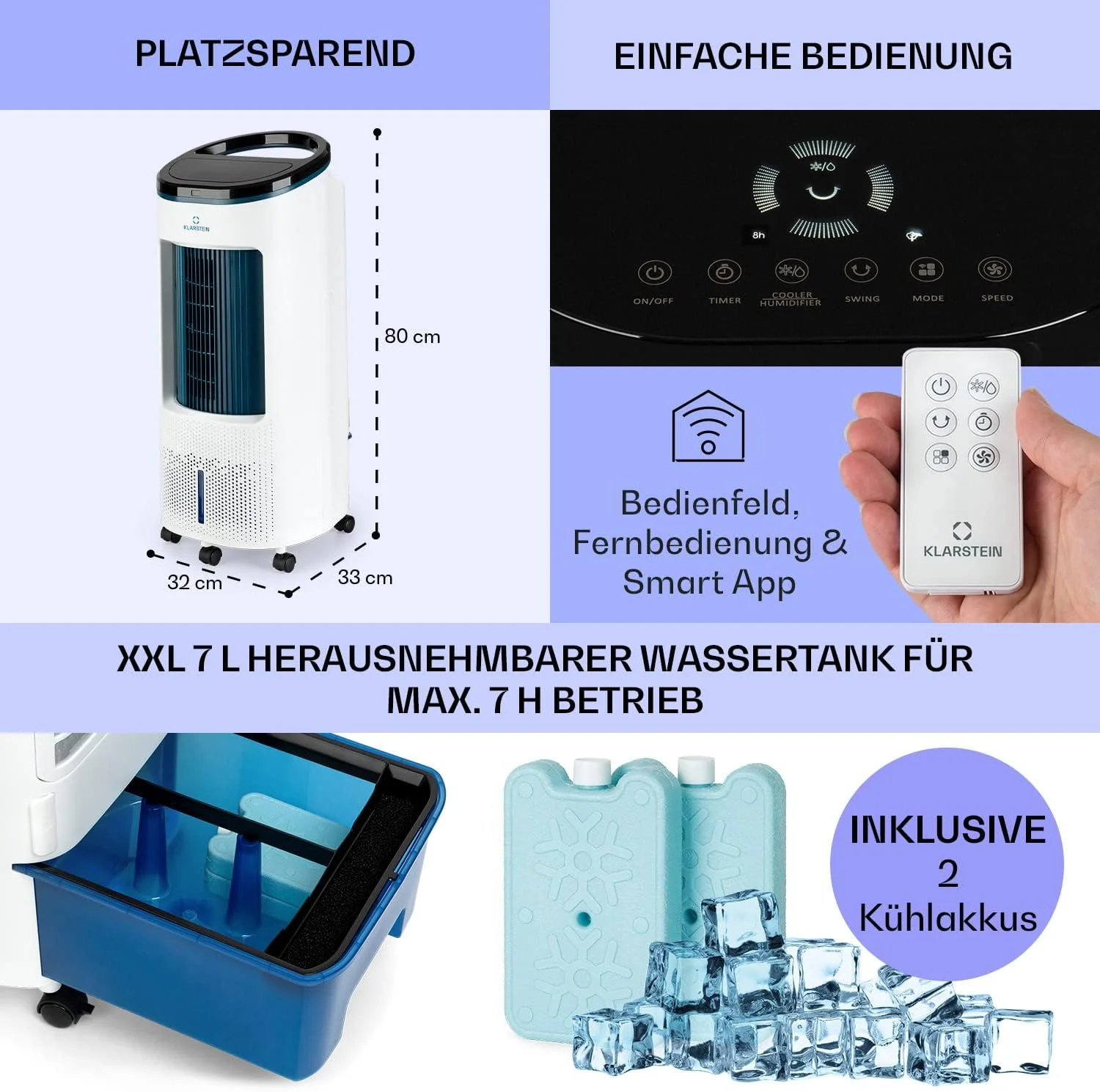 Klarstein Luftk��hler mit Wasserk��hlung, Leiser 4-in-1 Verdunstungsk��hler, Luftbefeuchter, Ventilator & Nachtmodus, Mobile Klimager?te Luftk��hler 7L, 65W Air Cooler, 330m3/h K��hlender Luftstrom