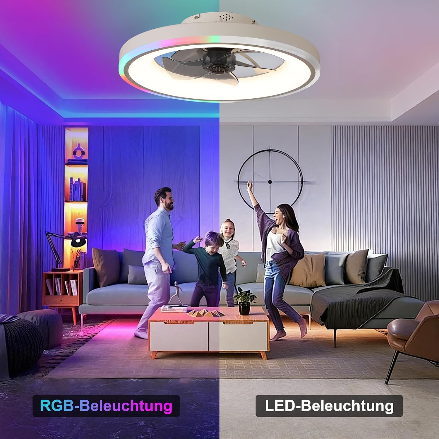 60CM Deckenventilator mit Beleuchtung, RGB Deckenventilator mit Licht und Fernbedienung, Leise Deckenlampe mit Ventilator, 6 Geschwindigkeiten, Dimmbare, Timer, für Schlafzimmer, Weiß