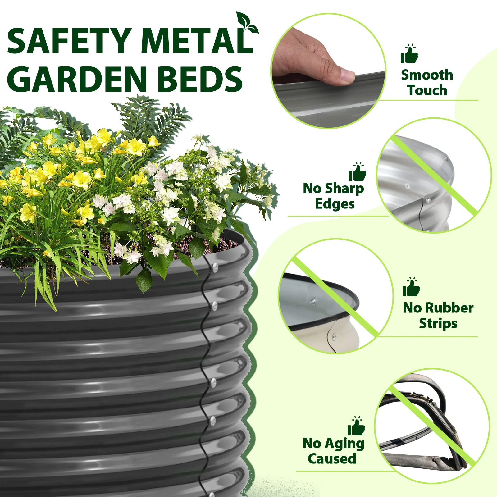 TRAMULL Verzinkte verhoogde tuinbak, 2,4 x 1,2 x 61 cm, ovalen modulaire bovengrondse metalen plantenbak voor buiten (kwartsgrijs)