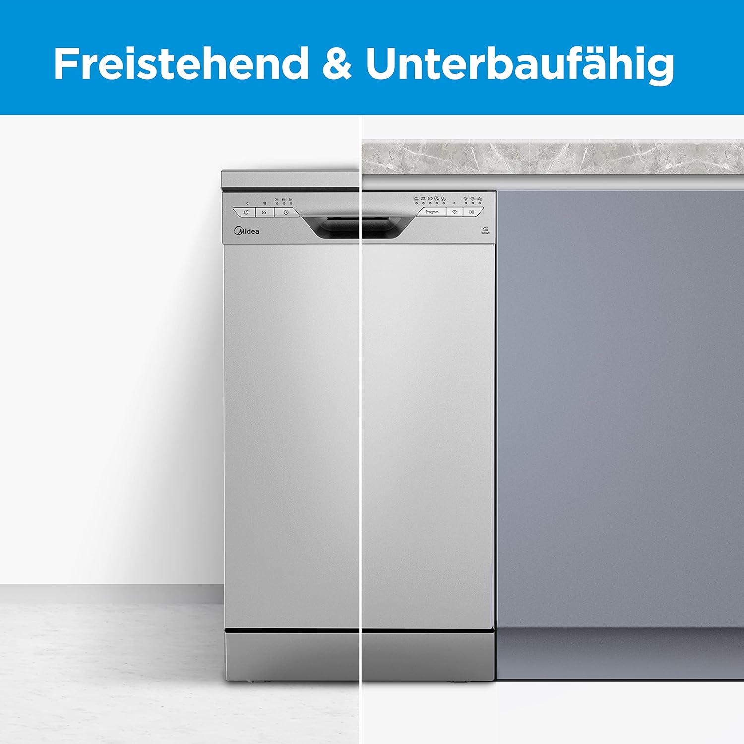 Midea Geschirrspüler Unterbau MDWEU1435XSS-W, 14 Maßgedecke, Spülmaschine 60 cm Teilintegrierbar mit WIFI, Extra Trocknung, 7 Programme, 47dB, 0-24h Startzeitverzögerung, Inox