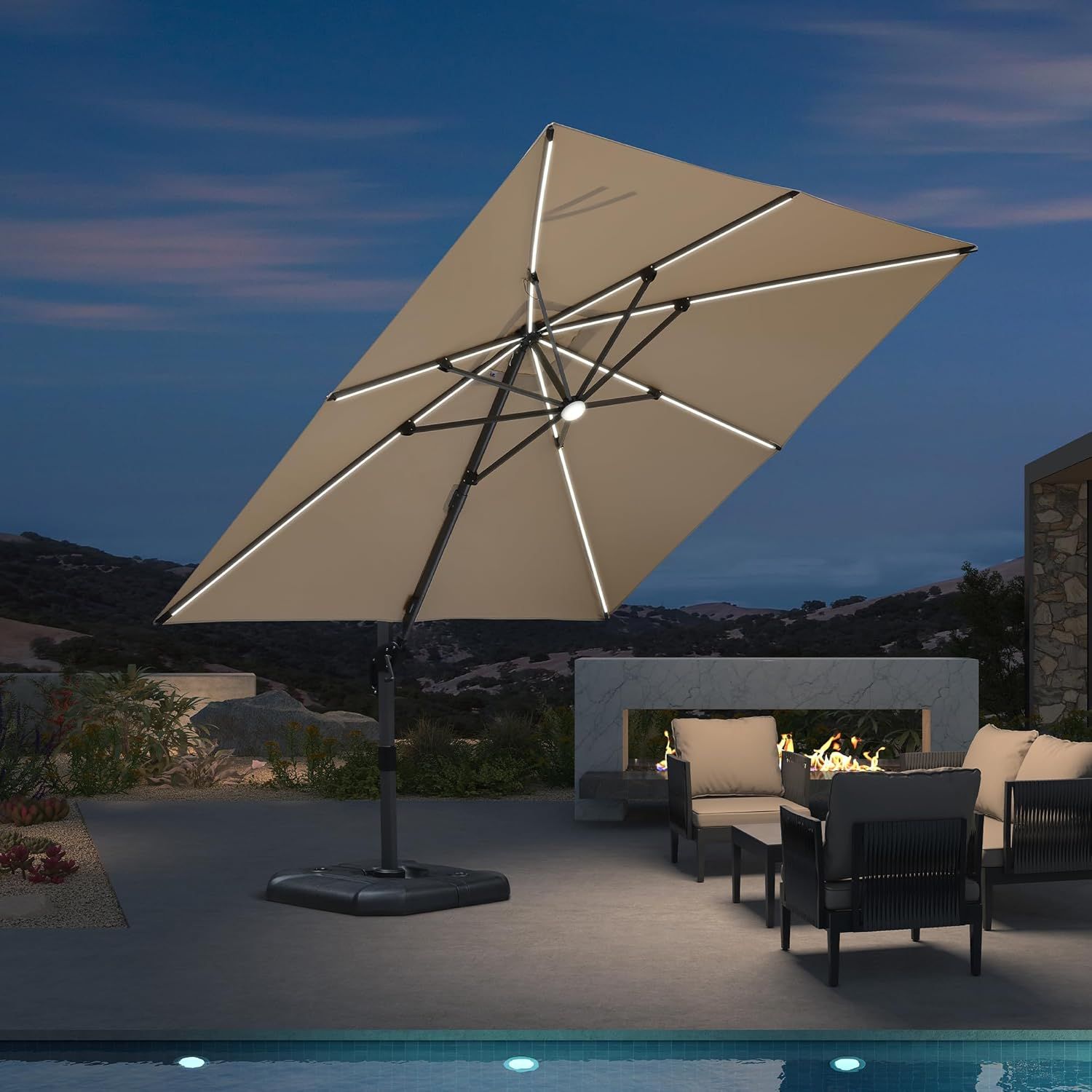 Purple Leaf 3x3M Cantilever Patio Umbrella with Crank and Tilt, Deck Shade in Beige with LED