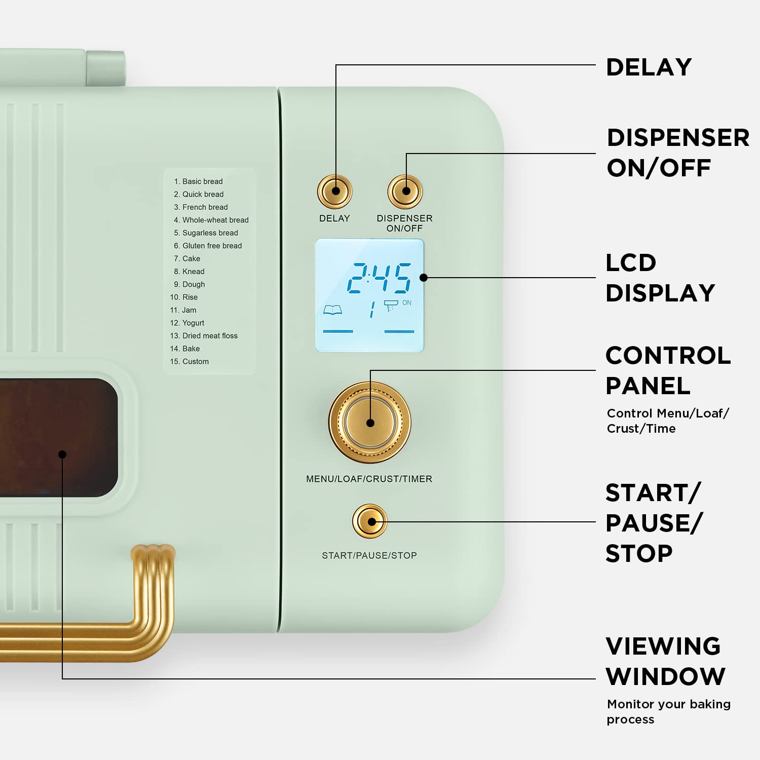 Neretva Bread Maker Machine, 15-in-1 2LB Automatic Breadmaker with Gluten Free Sourdough Setting, Auto Nut Dispenser (Mint Green)