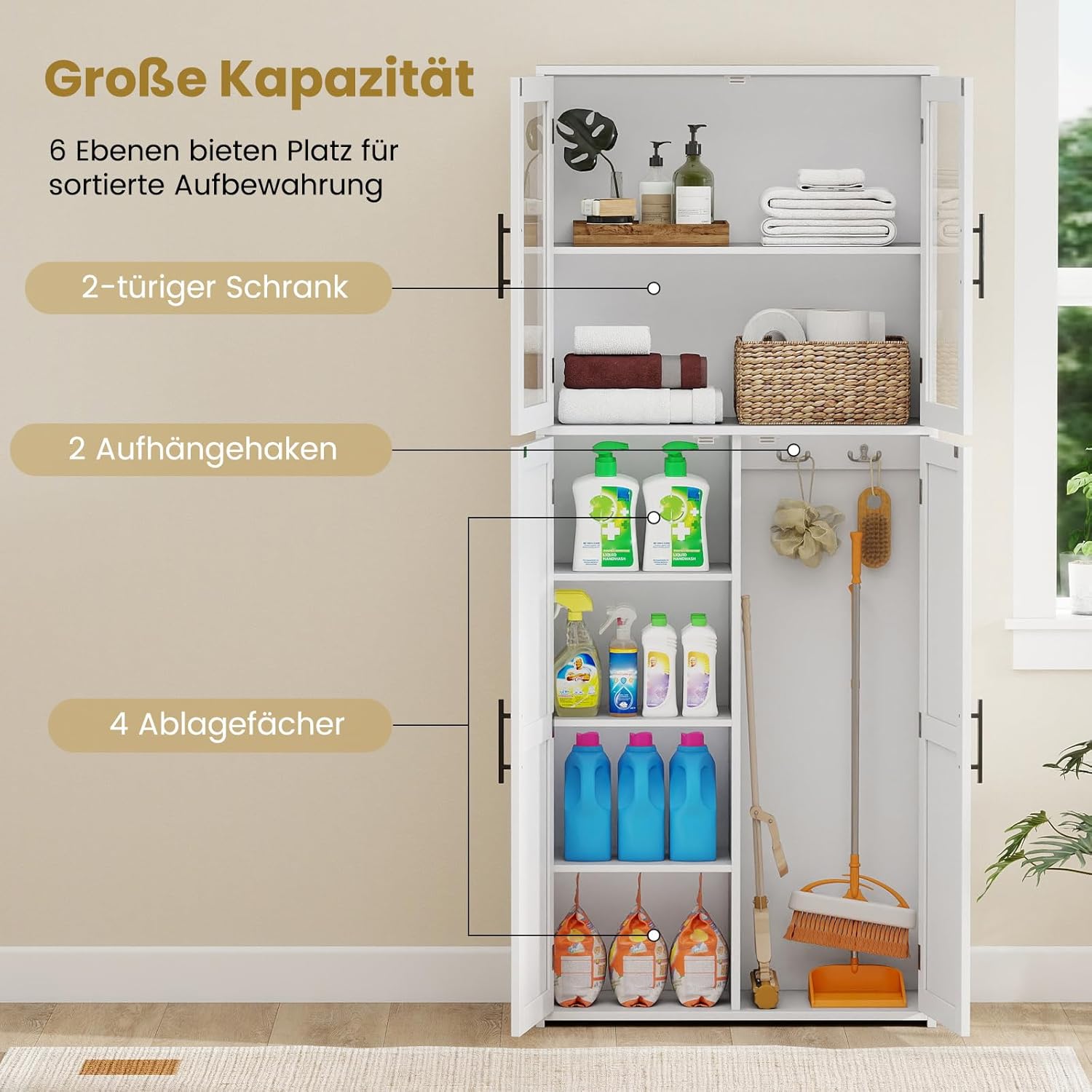 COSTWAY Besenschrank 70cm breit, Mehrzweckschrank Hochschrank mit 2 Haken & Glastüren, Vorratsschrank Holz, Haushaltsschrank Putzschrank für Mops & Staubsauger, 70 x 30 x 168 cm, weiß