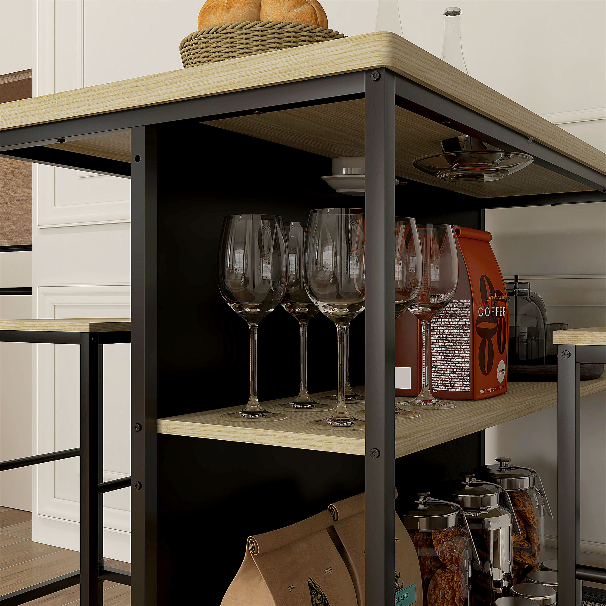 Barset, 2 Barkrukken & 1 Bartafel, vlekbestendig, stabiel, Staalframe, Zwart/Eik