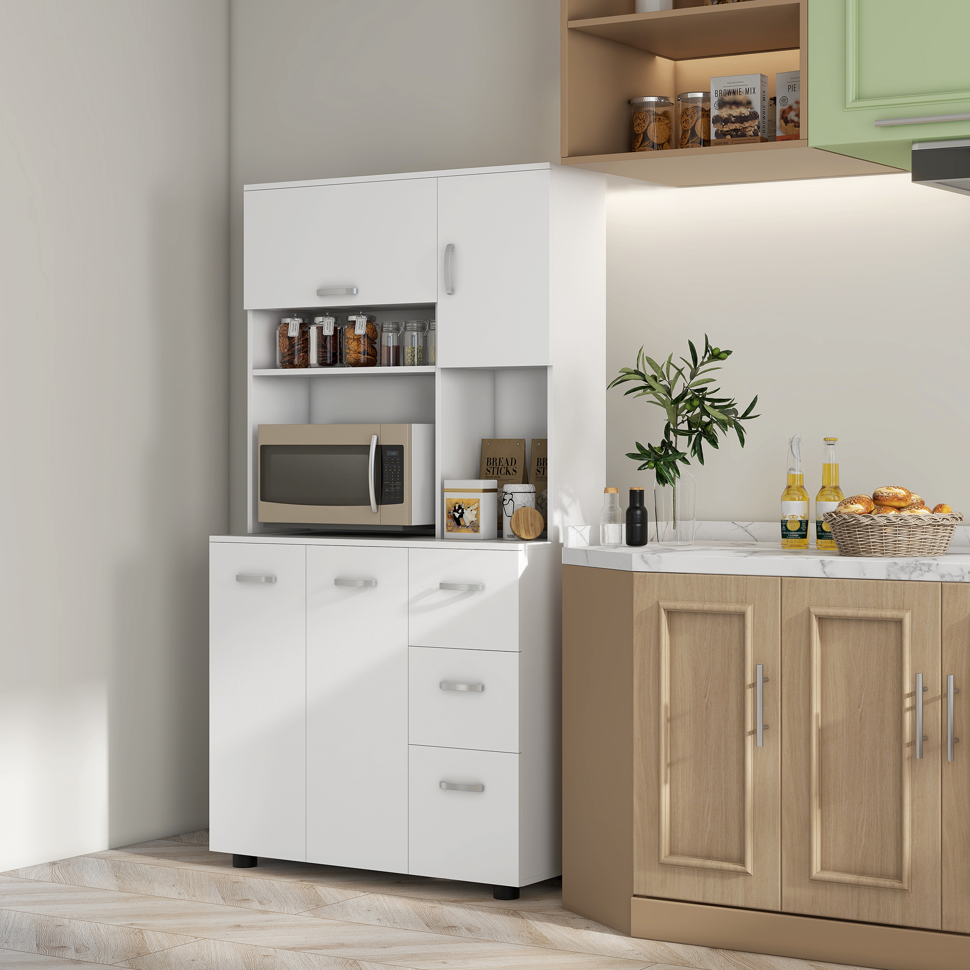 Keukenkast, Buffet, 3 Laden, 3 Planken, Veel Opbergruimte, 89x39,5x168cm, Wit