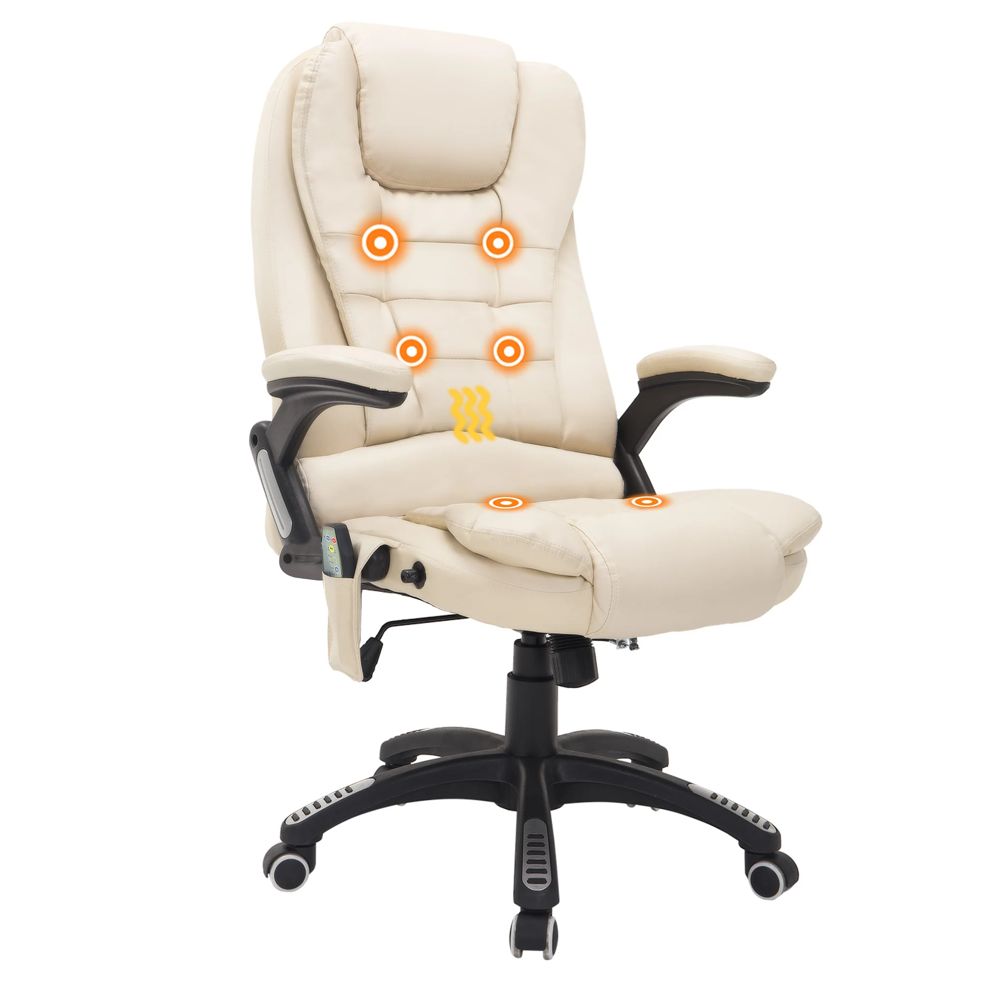 Executive bureaustoel met massage en verwarming, hoge rug PU-lederen bureaustoel, beige