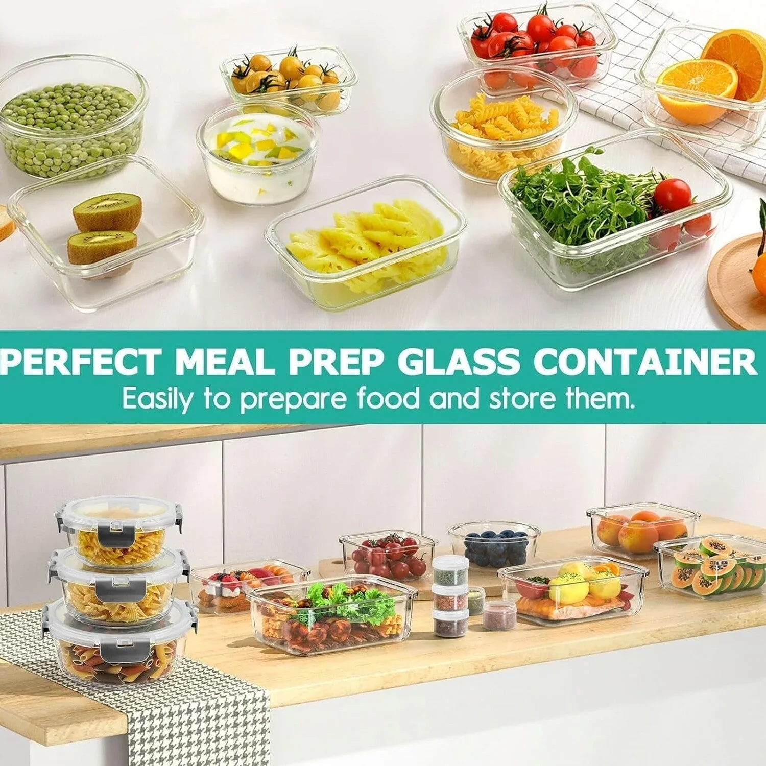34pcs Glass Food Storage Containers with Lids Set, Airtight Meal Prep Containers (17 Containers & 17 Lids), Grey