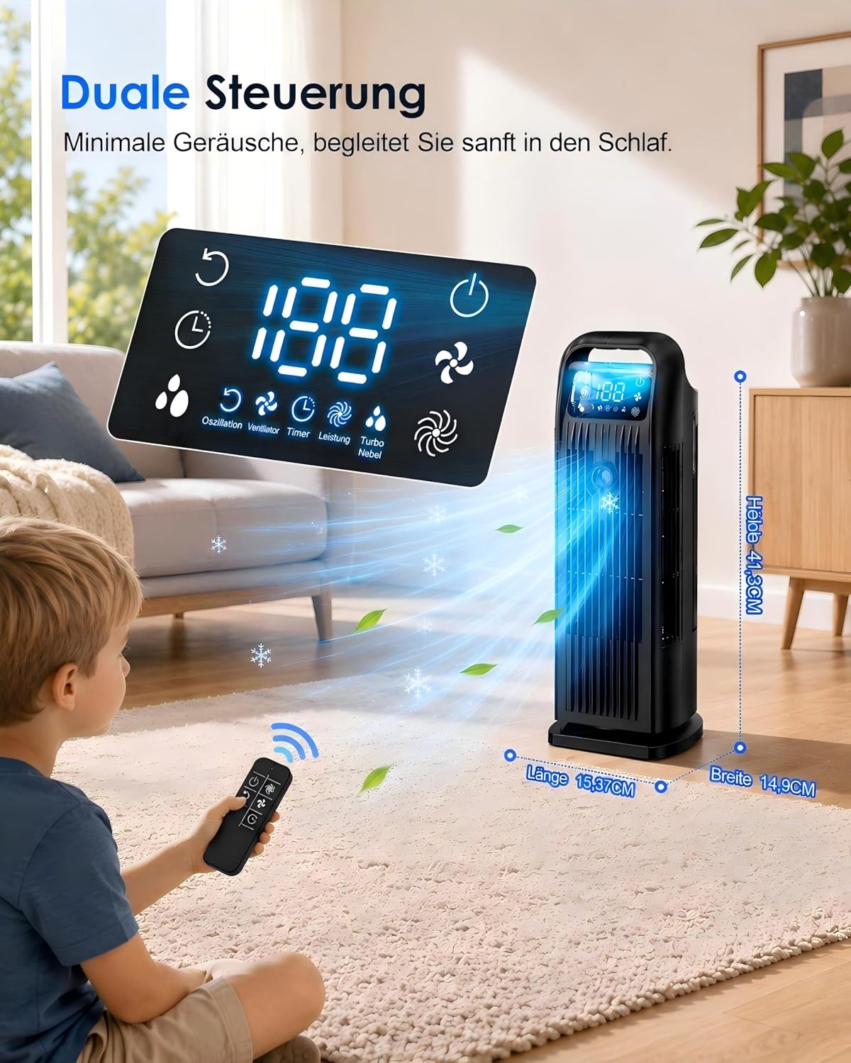 Mobile Klimaanlage ohne Abluftschlauch 6-in-1, Luftkühler mit Wasserkühlung, Mini Klimaanlage Mobil, Klimagerät, 120° Oszillation, 1200ML Tank, 1-12H Timer, Fernbedienung, Mitternachtsschwarz