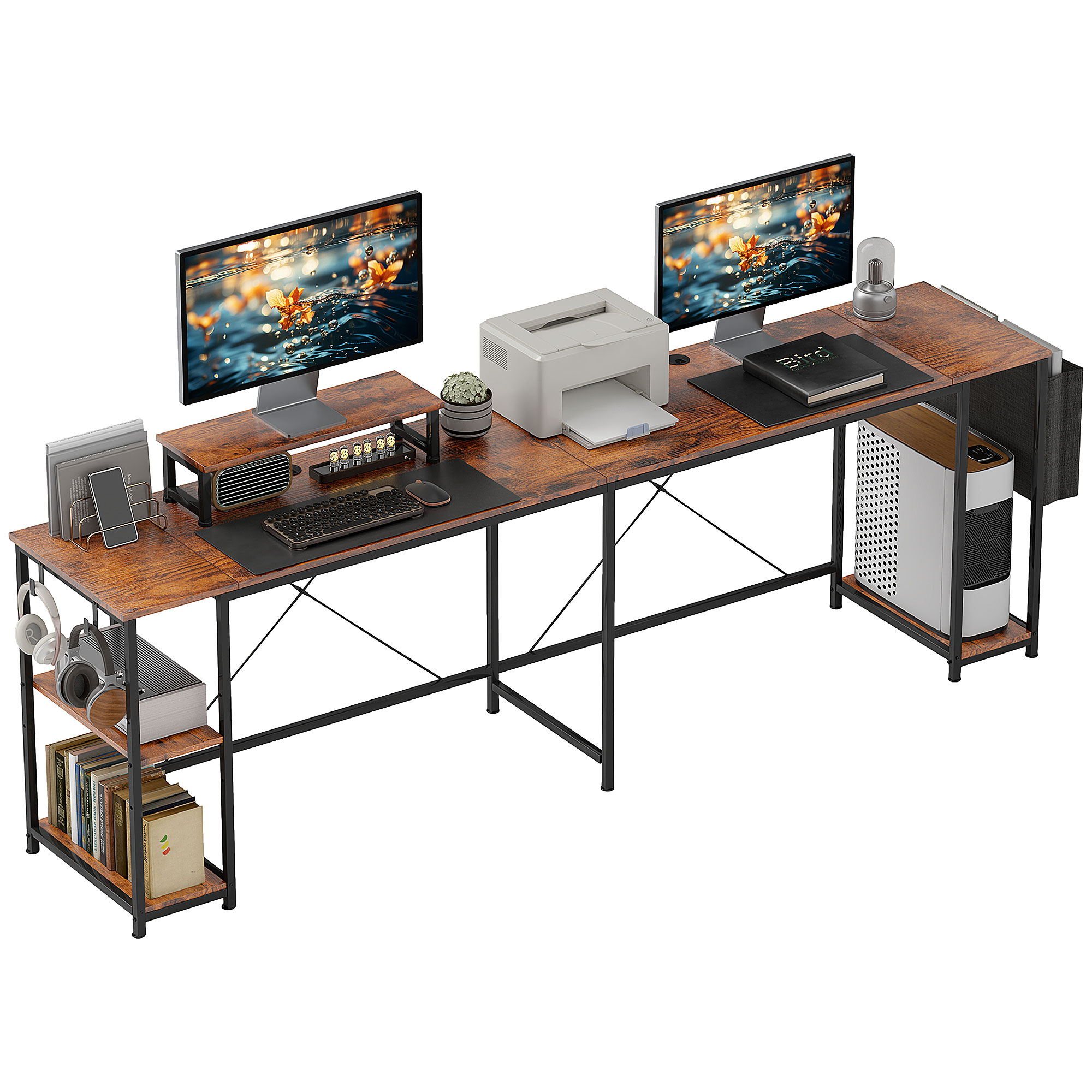 L-vormig bureau, veelzijdige kantoortafel met verstelbare planken en opbergtas, monitorstandaard, Bruin
