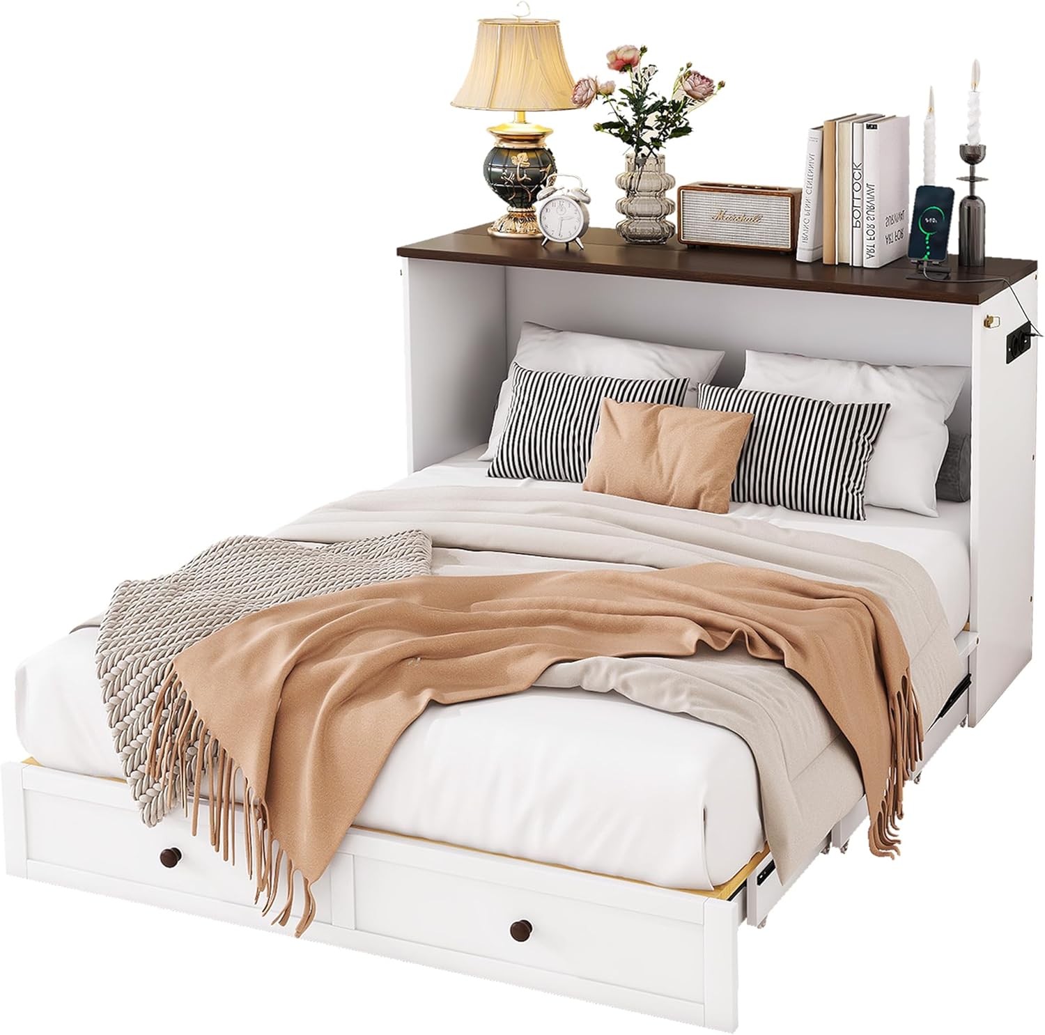 Schrankbett, 140 x 200, Mobiles Schrankbett mit Schubladen am Bettende und Regal am Kopfende des Bettes, mit USB und Steckdose, Umbaubares Plattformbett, Ohne Matratze, weiß