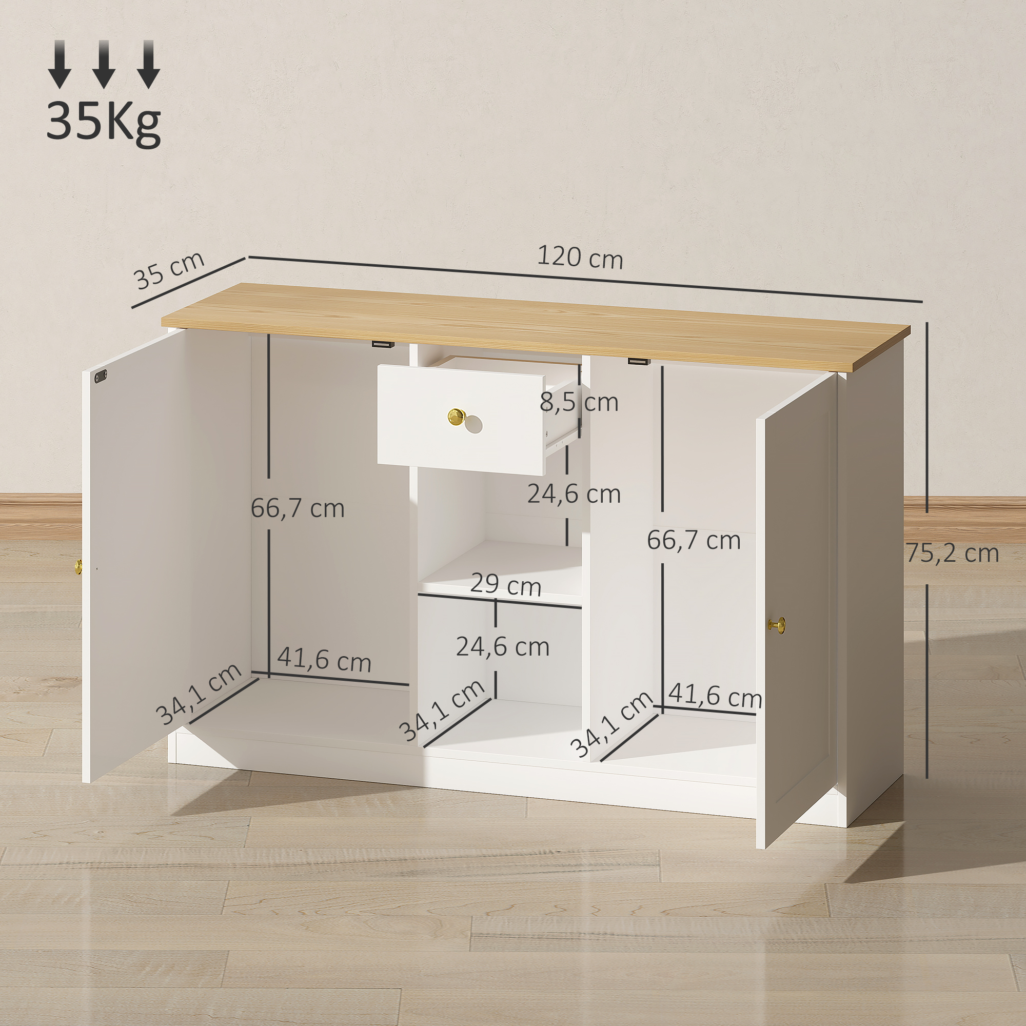 Keukenkommode, Sideboard met Lade, Kasten, Schappen, Spaanplaat, Wit