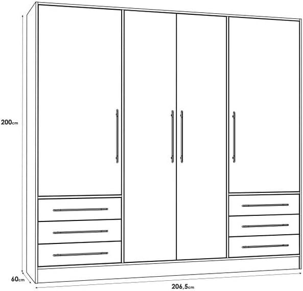 FORTE Jupiter Schrank 200 210, Kleiderschrank, Drehtürenschrank, 4-türig, mit 6 Schubladen und Einlegeböden, Schwarz Weiß, 206.5 cm breit x 60 cm tief x 200 cm hoch