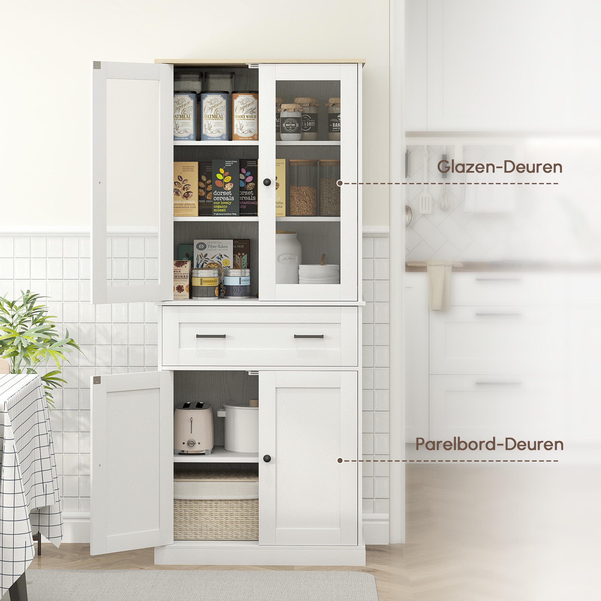 Keukenkast, Buffet, Acrylfront, Lades, 76 x 40 x 182,5 cm, Cr��mewit