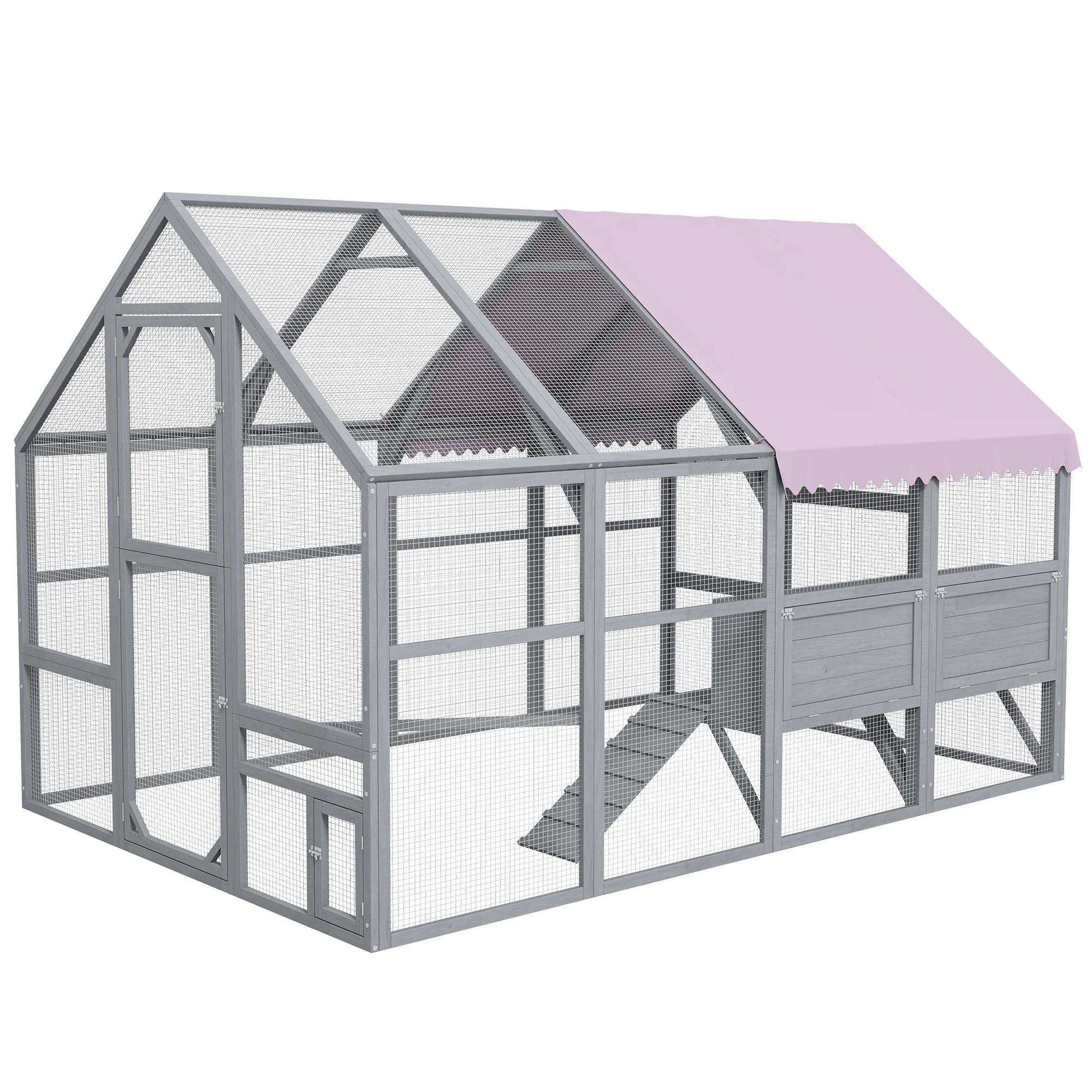 PawHut Kippenren Kippenhok Kippenhuis, toegankelijk, weerbestendig, 280 x 185,5 x 188 cm, Grijs