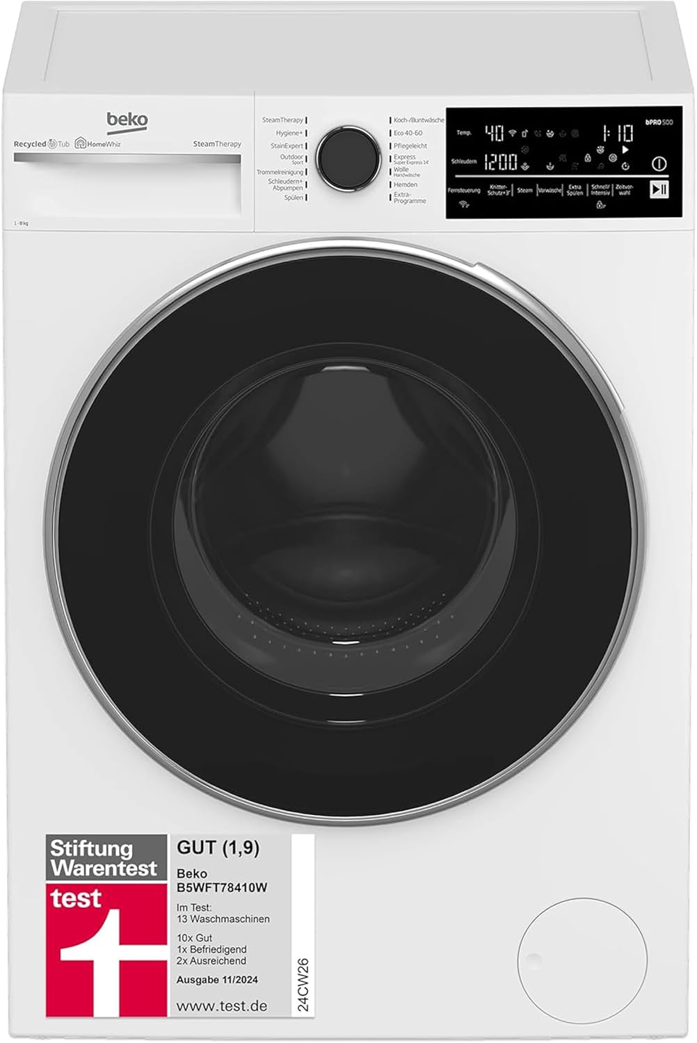 Beko Waschmaschine 8kg, Stiftung Warentest GUT (1,9)*, 1400 U/min, SteamCure Dampffunktion, AquaWave Schontrommel, StainExpert Programm, B5WFT78410W, Weiß
