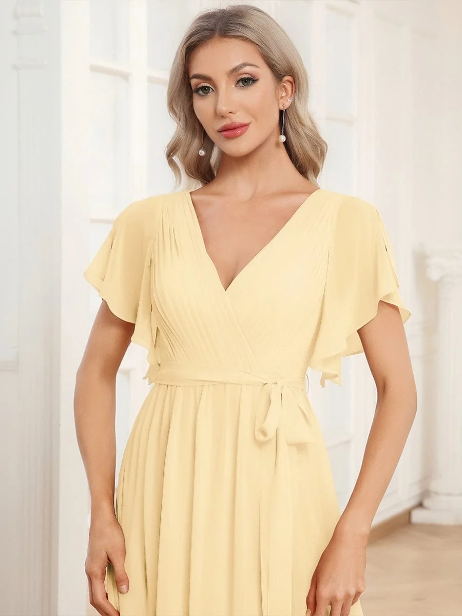 Abendkleid Damen Maxi A-Linie aus Chiffon | Festliches Kleid f��r Hochzeitsg?ste mit V-Ausschnitt und Fl��gel?rmeln