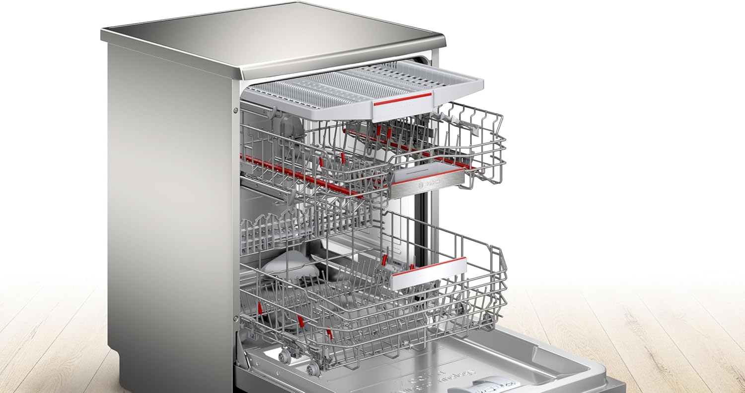 Bosch SMU4ETS08E, Serie 4, Smarter Unterbau-Geschirrspüler 60 cm, Besteckkorb, Spülmaschine mit Programmassistent, besonders Leise, höhenverstellbarer Oberkorb, Automatische Türöffnung, Edelstahl