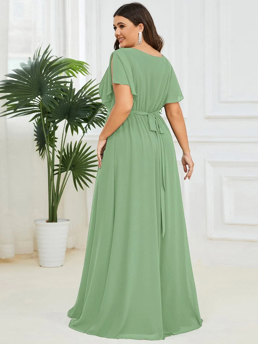 Abendkleid Damen Maxi A-Linie aus Chiffon | Festliches Kleid f��r Hochzeitsg?ste mit V-Ausschnitt und Fl��gel?rmeln