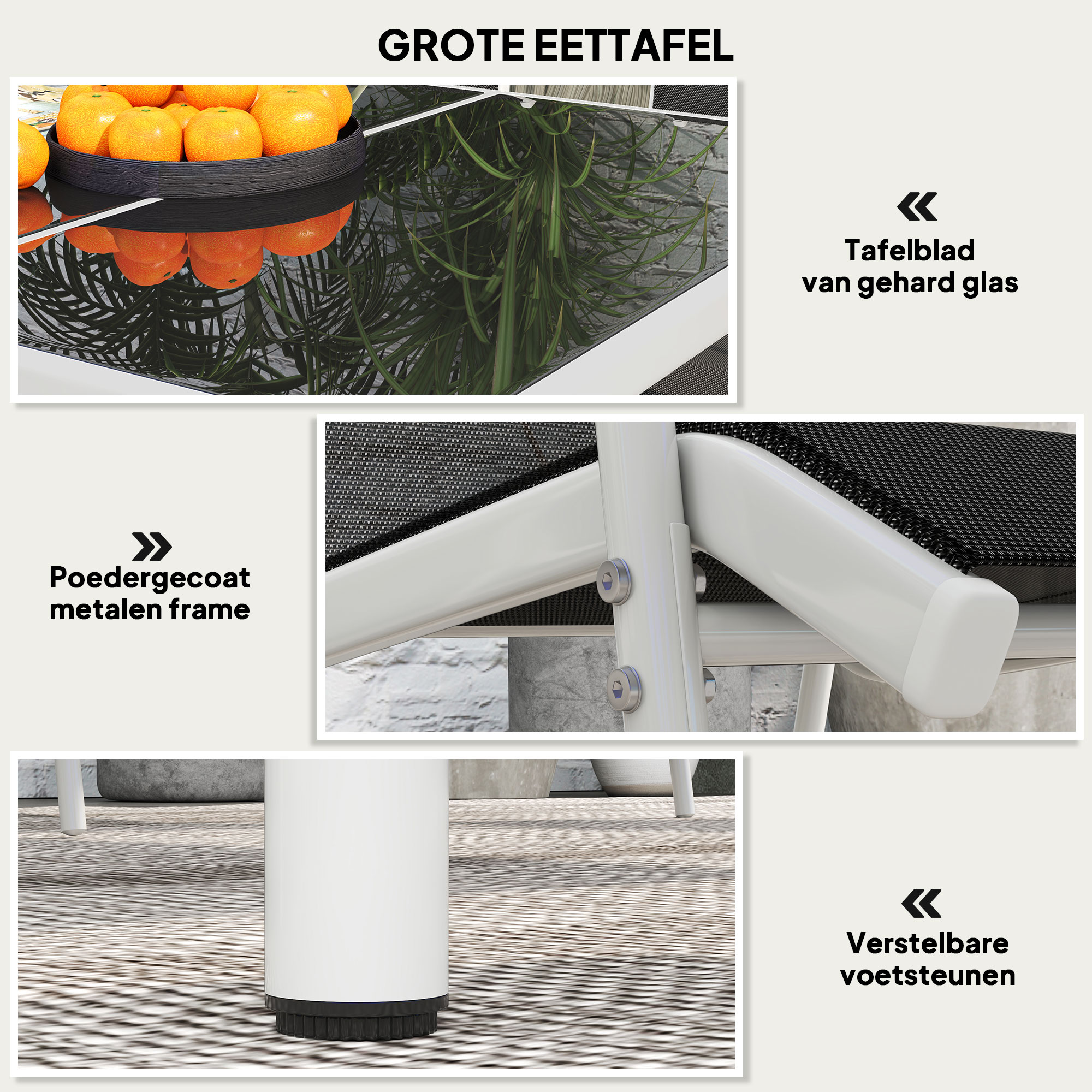 7-delige tuinmeubelset met eettafel en 6 stapelbare stoelen, Glastafel, Zwart