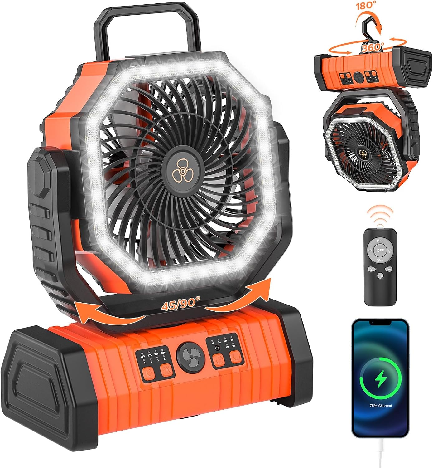 Wiederaufladbarer Camping-Ventilator mit LED-Laterne, 20.000 mAh, automatisch oszillierend, batteriebetrieben, Schreibtischventilator mit Fernbedienung/Haken/Timer, 20.3 cm, Stromausfälle, Hurricane
