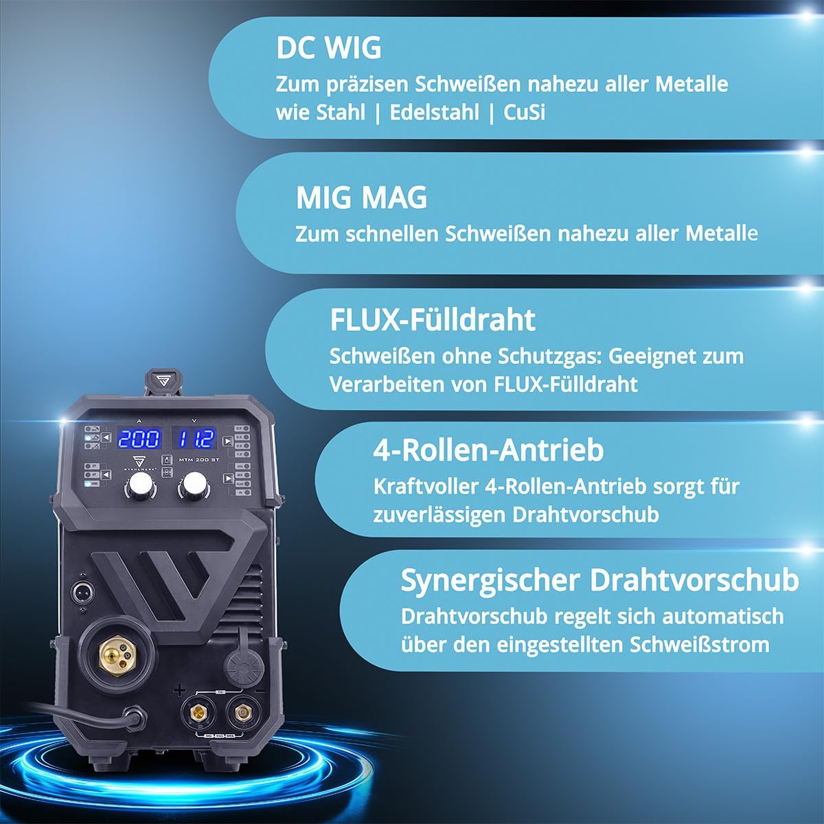 STAHLWERK Schutzgasschweißgerät 3-in-1 Kombi MTM-200 ST – Vollausstattung – WIG, MIG/MAG, MMA/E-Hand bis 200 A, synergischer Drahtvorschub, 4-Rollen-Antrieb, Fülldraht geeignet, Stahl, Dünnblech