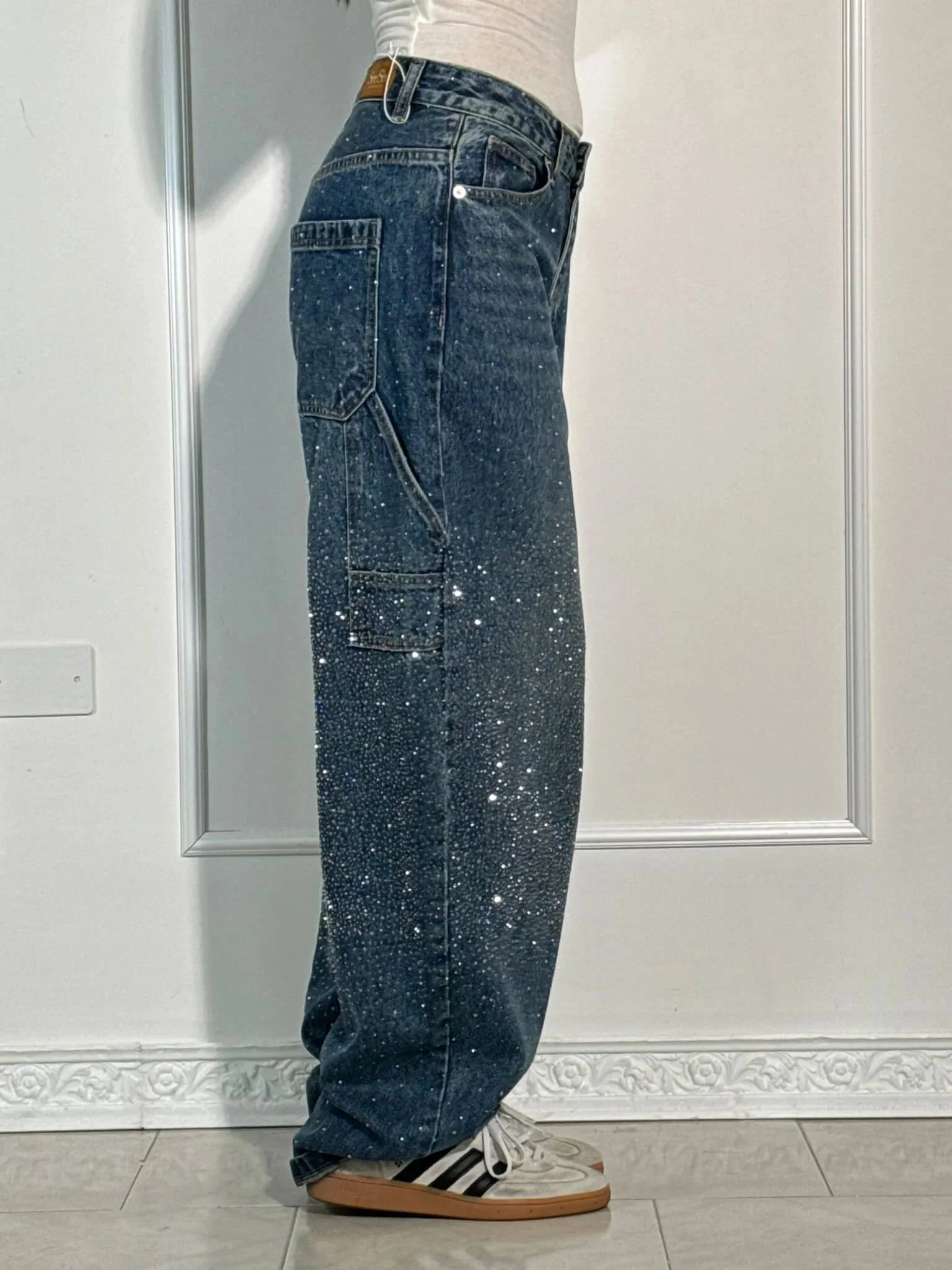 Damen Baggy Jeans mit Glitzer-Applikationen | Weite Wide Leg Denim Hose im Balloon-Schnitt | Bequeme Damenjeans aus Baumwolle