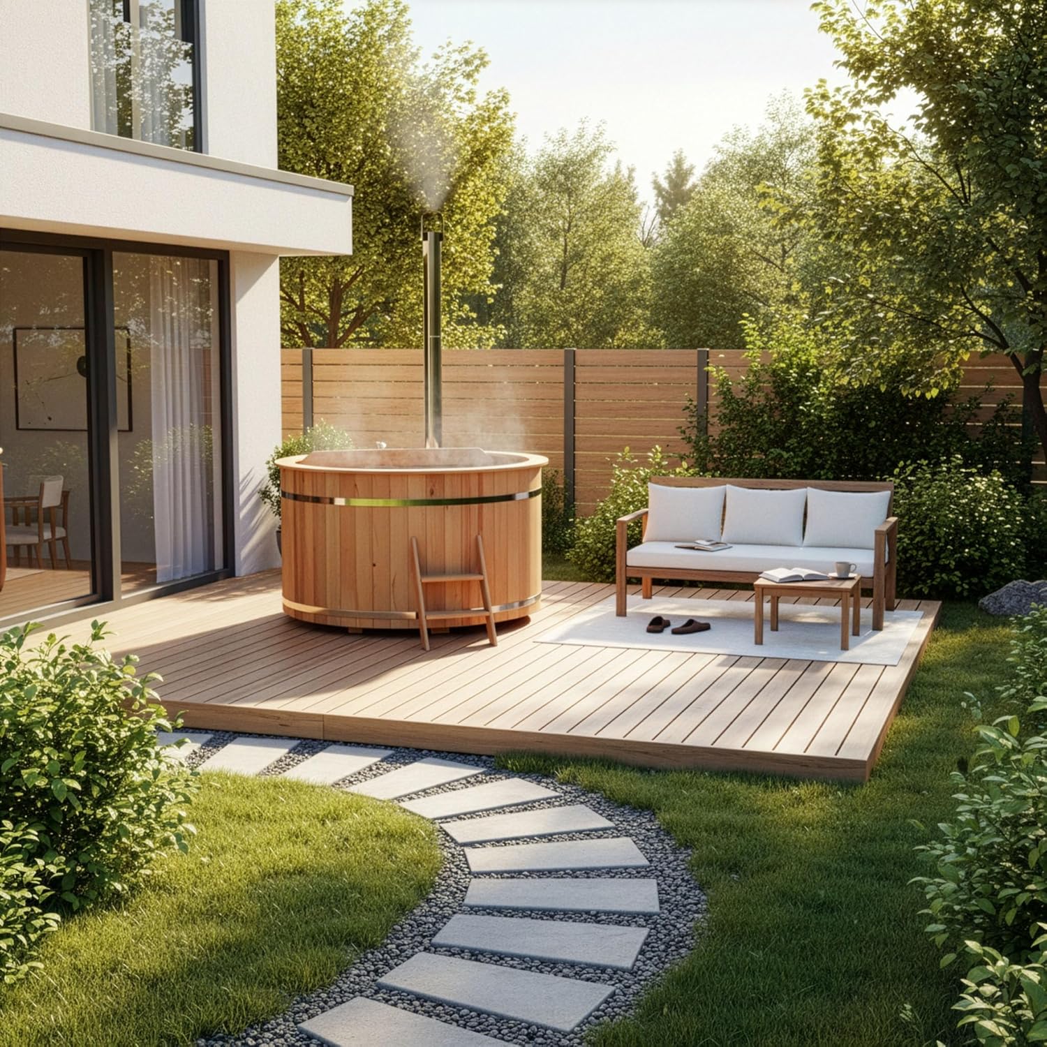 Holz Badefass Bergen, Hot Tub Ø 160 x 110 cm, inkl. Edelstahl-Ofen 22 kW und Einstiegsleiter, 3-4 Personen, Schwimmbecken, Badebottich, Sprudelbad