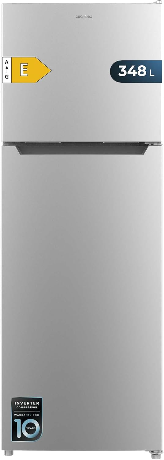 Cecotec Réfrigérateur à deux portes Bolero CoolMarket 2D 348 NF Inox E. Compresseur Inverter, 348L, NoFrost, classe E, design inox moderne, faible consommation d'énergie.
