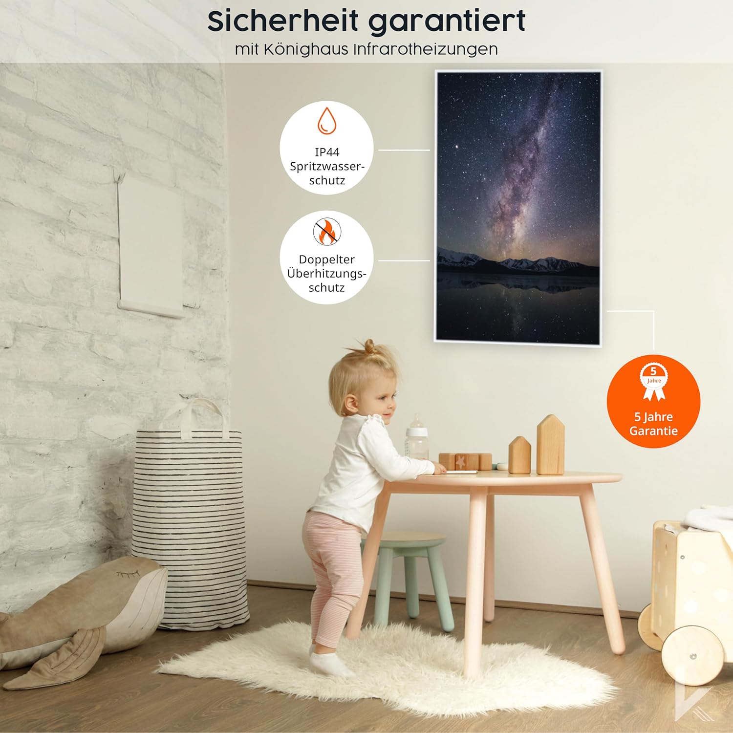 Könighaus Panorama Bildheizung 1200 Watt - Smart Thermostat - 18-29 m² | App, weißer Rahmen, Motiv: 18. Sternenhimmel 2, TÜV SÜD, Infrarot Wandheizung
