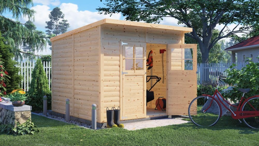 Gartenhaus Alster, Gerätehaus Holz, 251x254x210 cm, Pultdach, inkl. Fußboden, Lagerschuppen Garten, Fahrradschuppen, 6m², 19mm Wand, Naturbelassen