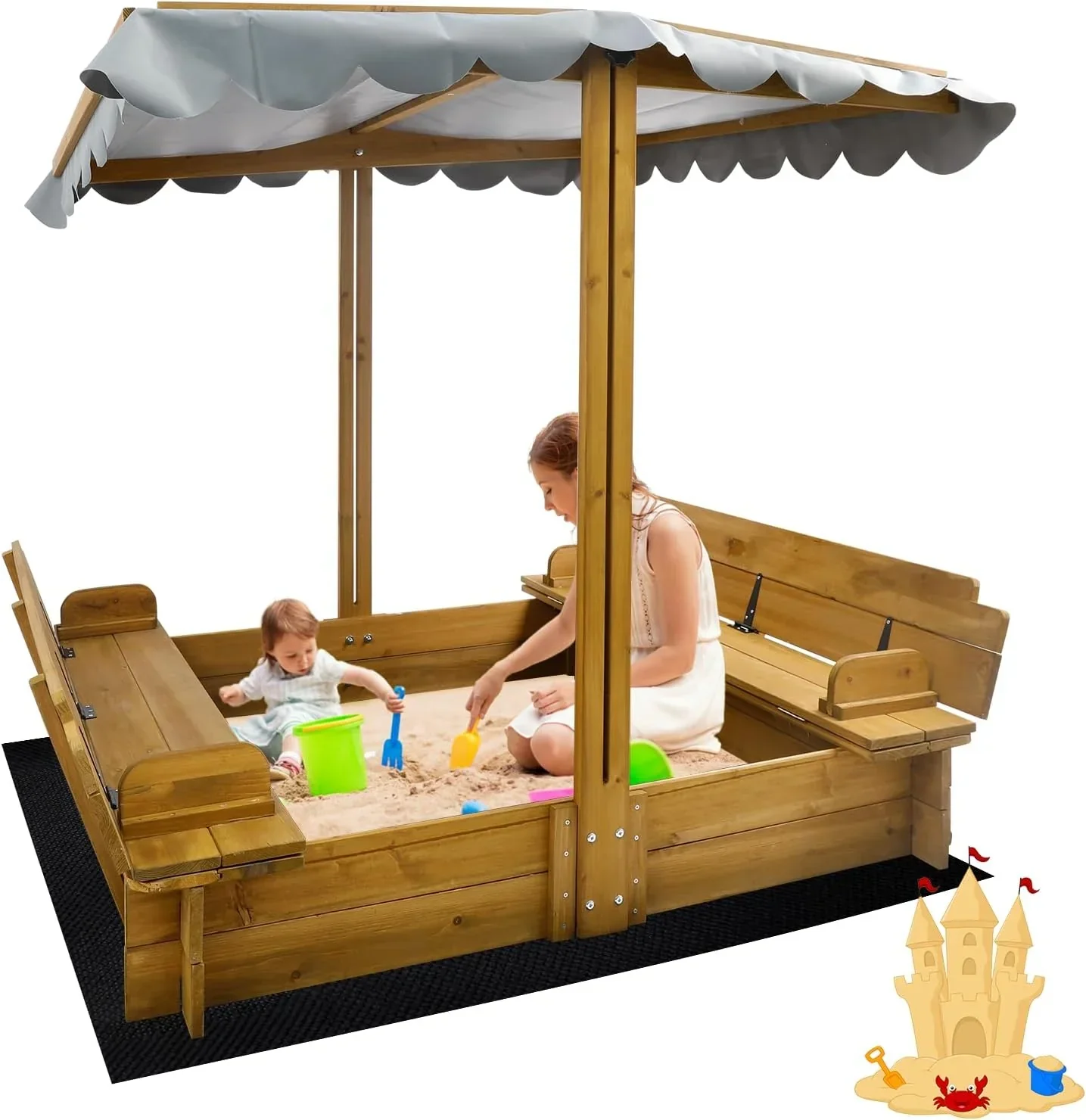 Kids Sandbox with Lid Wooden Sand Box Cover Outdoor UV-Protection Natural Wood Foldable Bench Seat